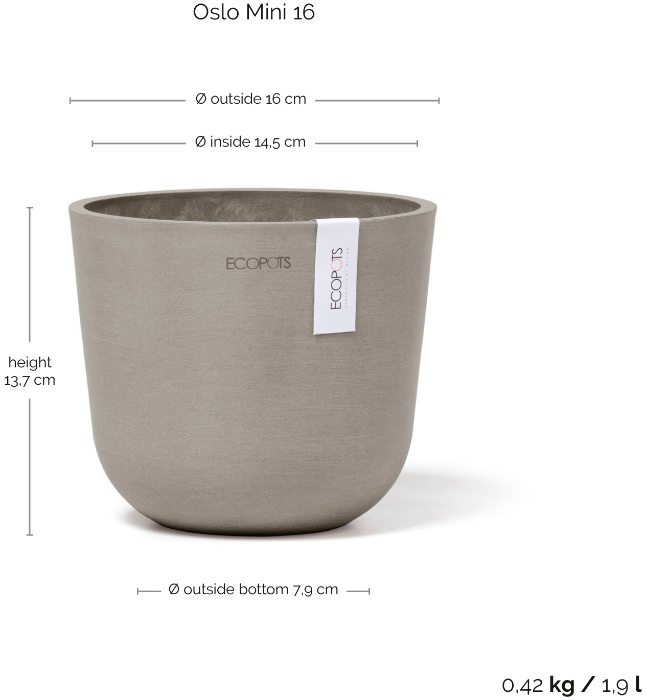 ECOPOTS Blumentopf »Oslo Mini 16 Taupe«, für den Innenbereich
