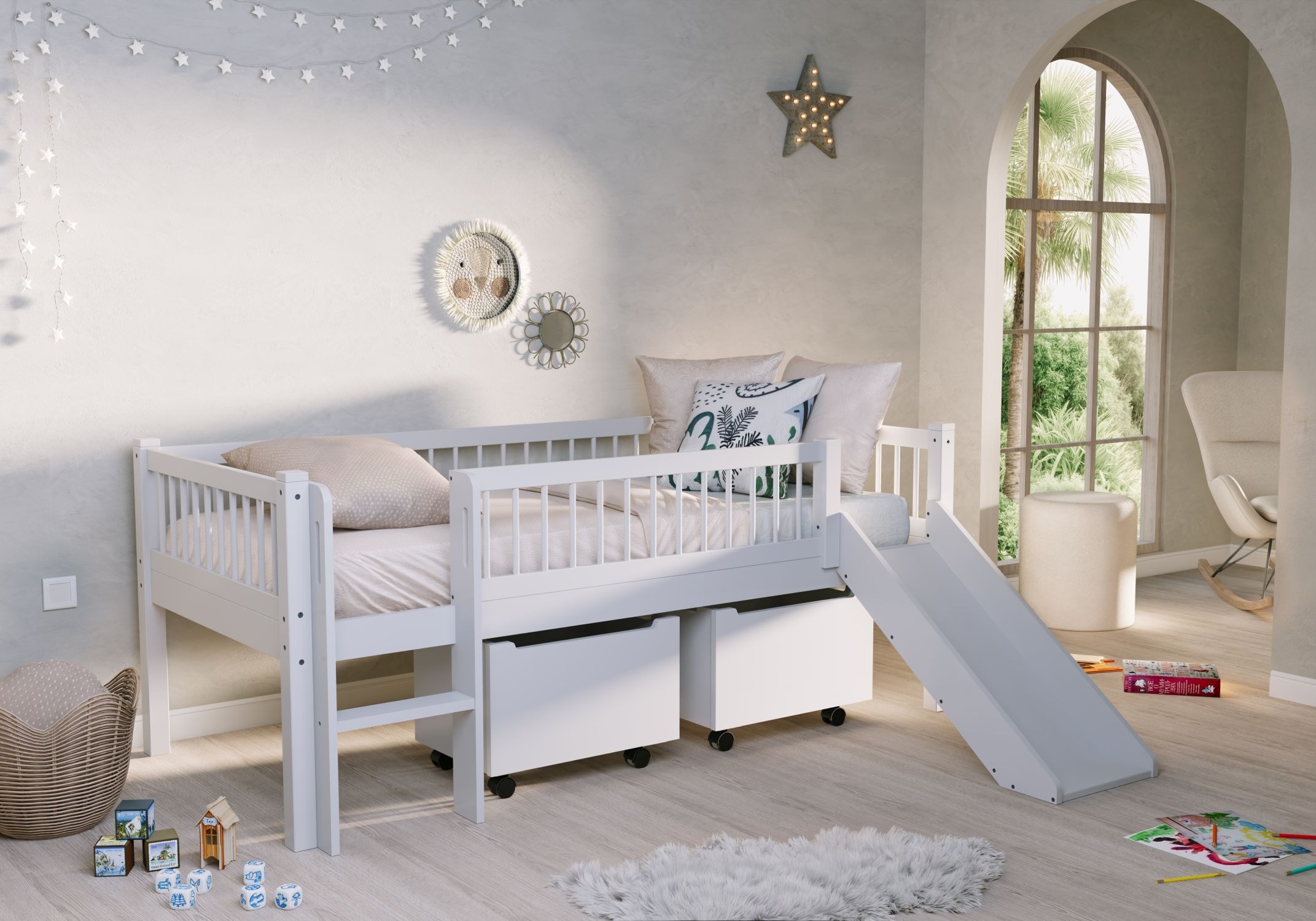 Vipack Massivholzbett »Forrest Made in Europe, stabil und hochwertig gebaut, mit 2 Rollboxen« 90/200 cm, mit Rollrost, Leiter und Rutsche, seitenverkehrt montierbar, 