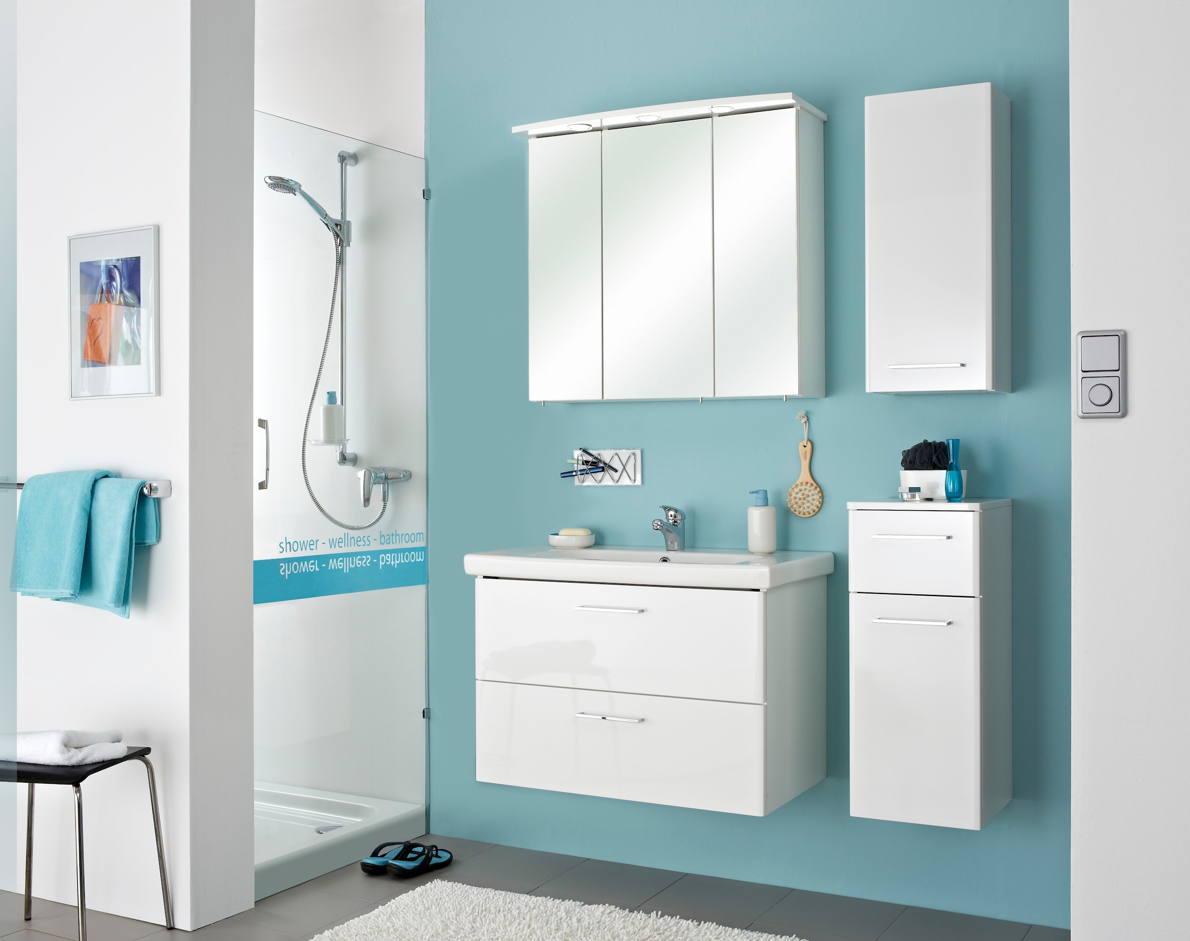 Saphir Unterschrank »Quickset 316 Badschrank 1 Tür, 1 Schublade, 30cm breit, Weiß Hochglanz« Badezimmer-Unterschrank inkl. Türdämpfer, Griffe in Chrom Glanz