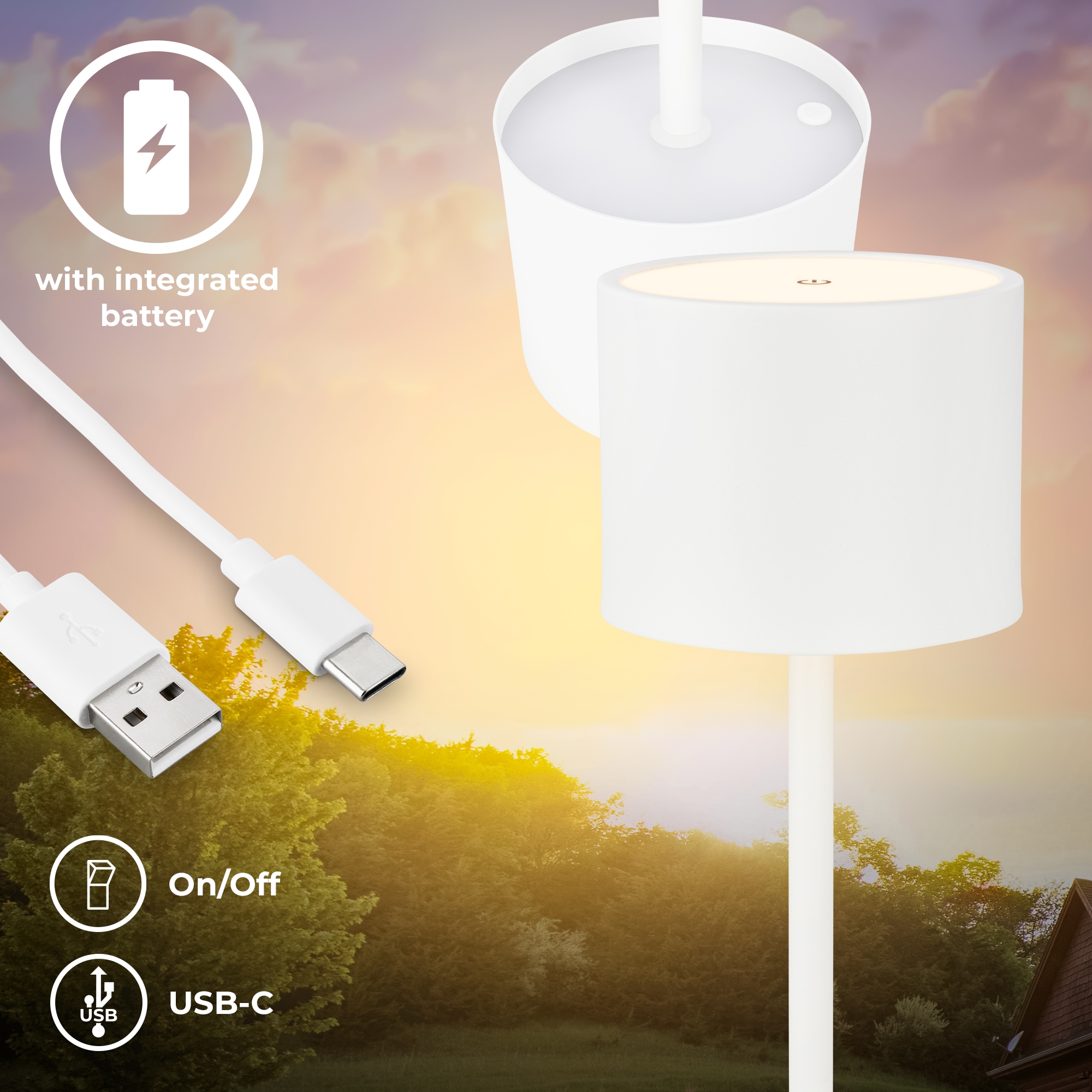 B.K.Licht Außen-Tischleuchte »BK_TL1607 Akku Tischlampe mit Ladestation, 3-Stufen Touchdimmer, IP44«, 1 flammig, Leuchtmittel LED-Modul | LED fest integriert, 3.000 K, 230 Lm, 2,5W, Akku wechselbar, max. 12h Leuchtdauer, Weiß