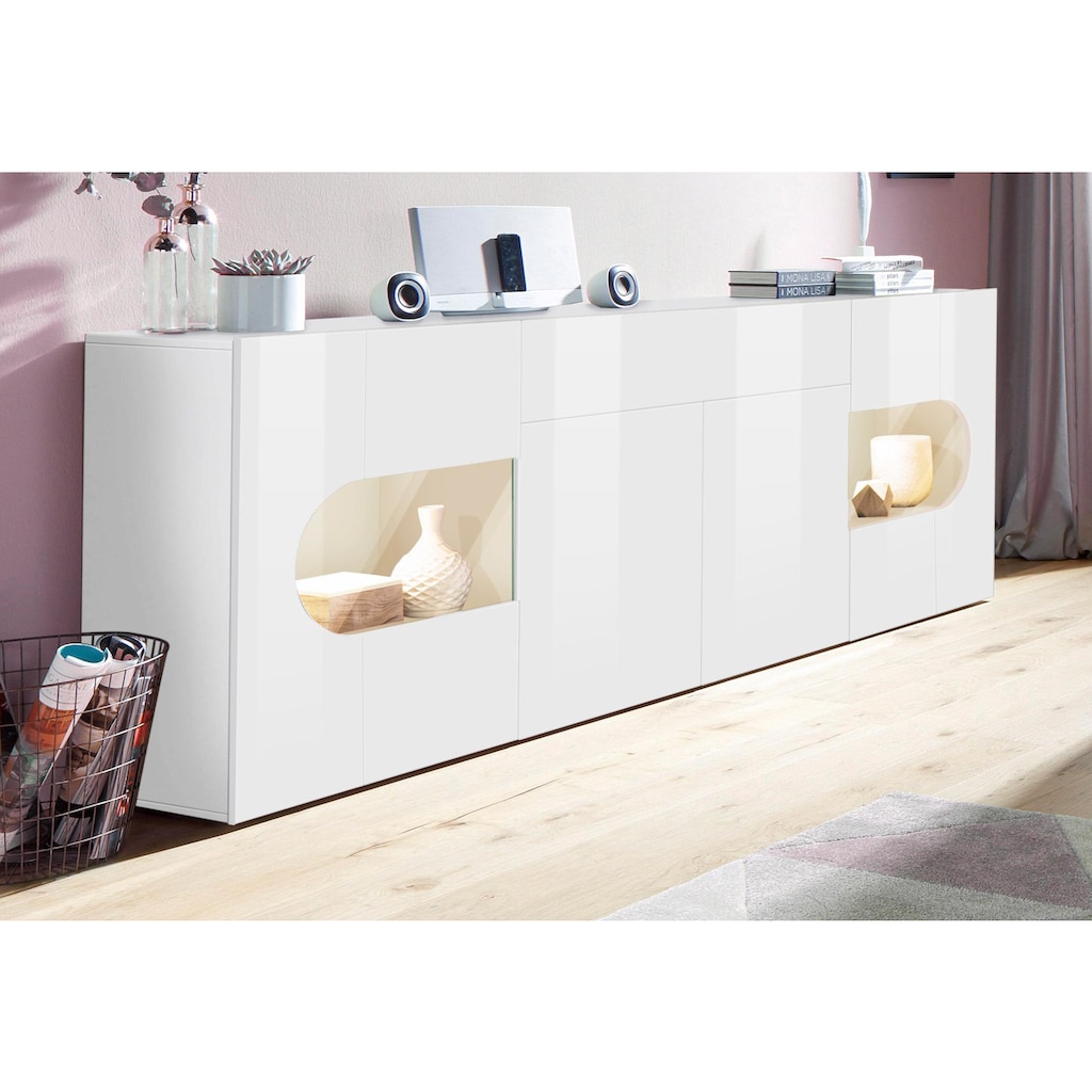 INOSIGN Sideboard »Real,Vitrine,Kommode,Schrank,Breite 220 cm komplett hochglanz lackiert«, mit 4 Türen davon 2 Glastüren und 1 schublade ohne Griff