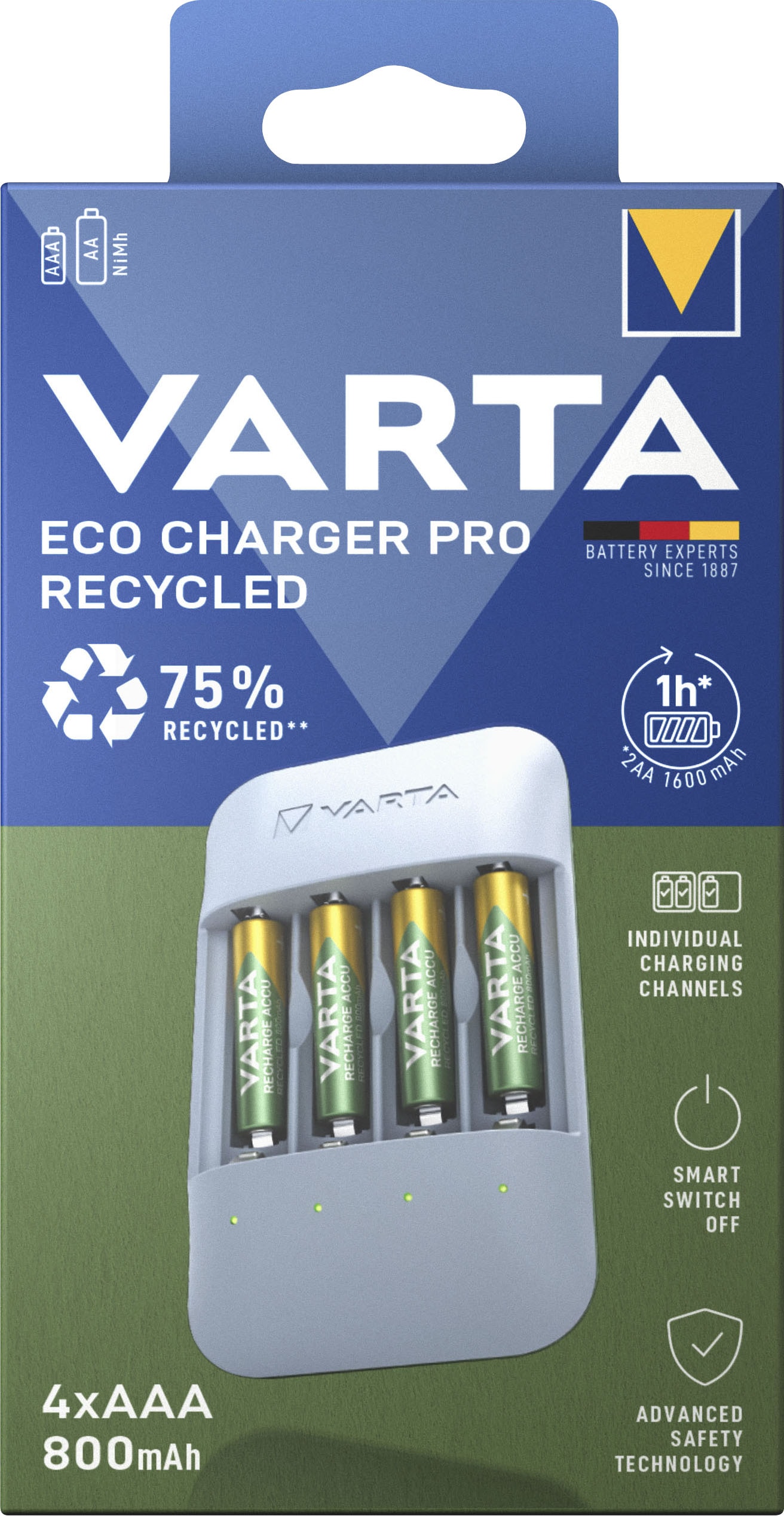 VARTA Batterie-Ladegerät »Eco Charger Pro Recycled + 4x AAA 800 mAh«, 2000 mA, (Packung)