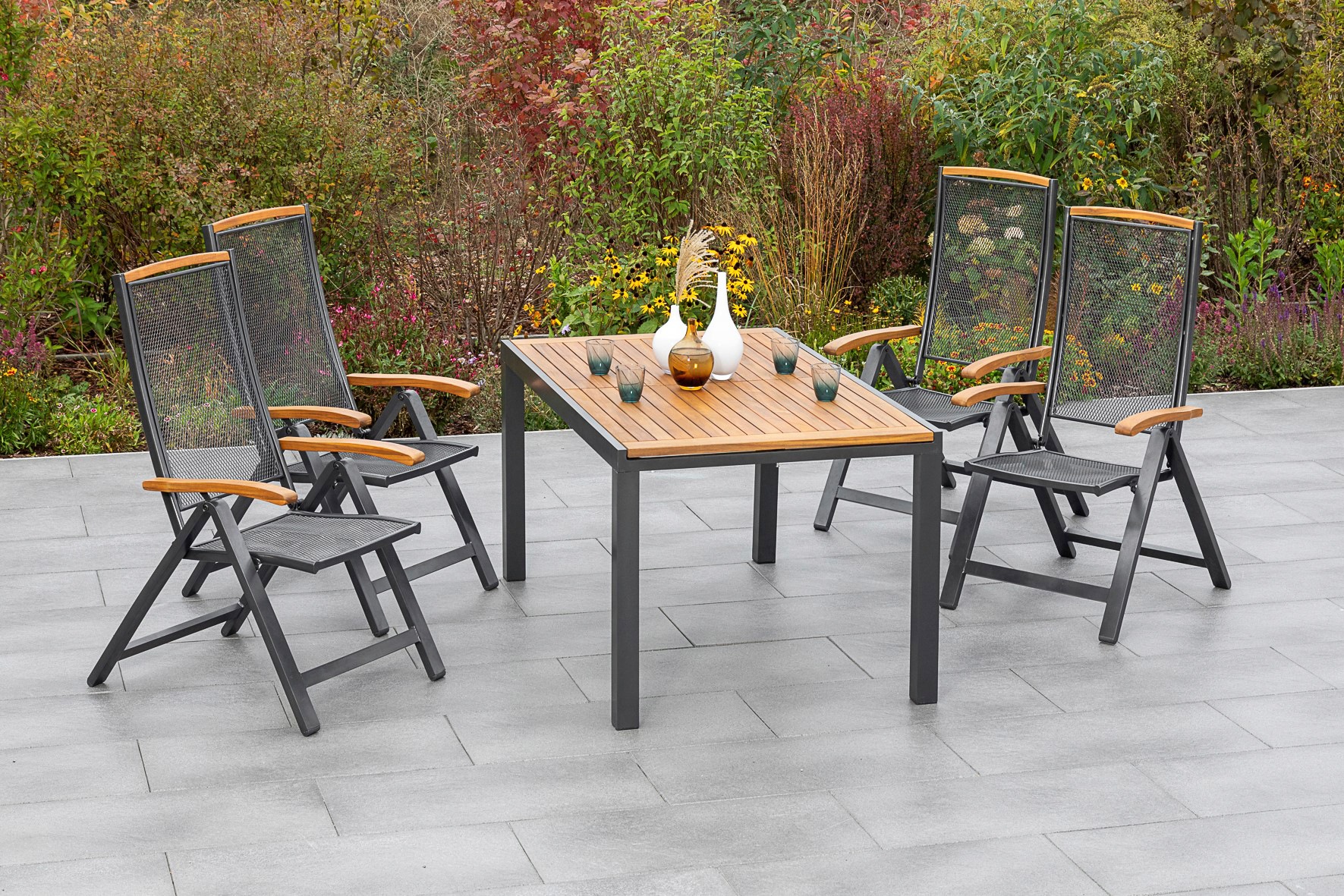 MERXX Garten-Essgruppe »Tilos« 5 Stk. tlg. 4 Klappsessel mit ausziehbarem T günstig online kaufen