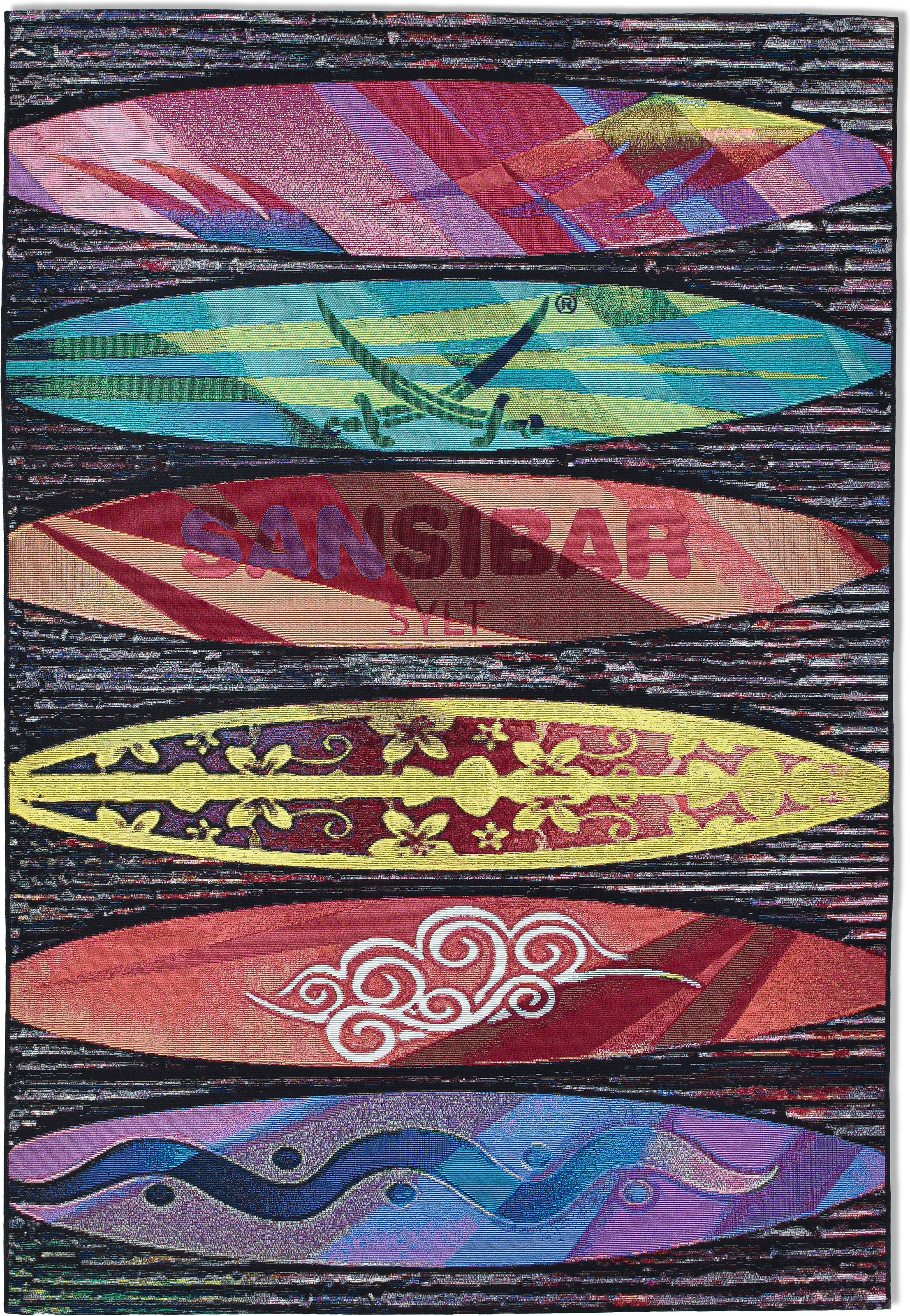 Sansibar Teppich »Rantum Beach SA-016« rechteckig 5 mm Höhe Flachgewebe, modernes Design, Surfboards, In- und Outdoor geeignet
