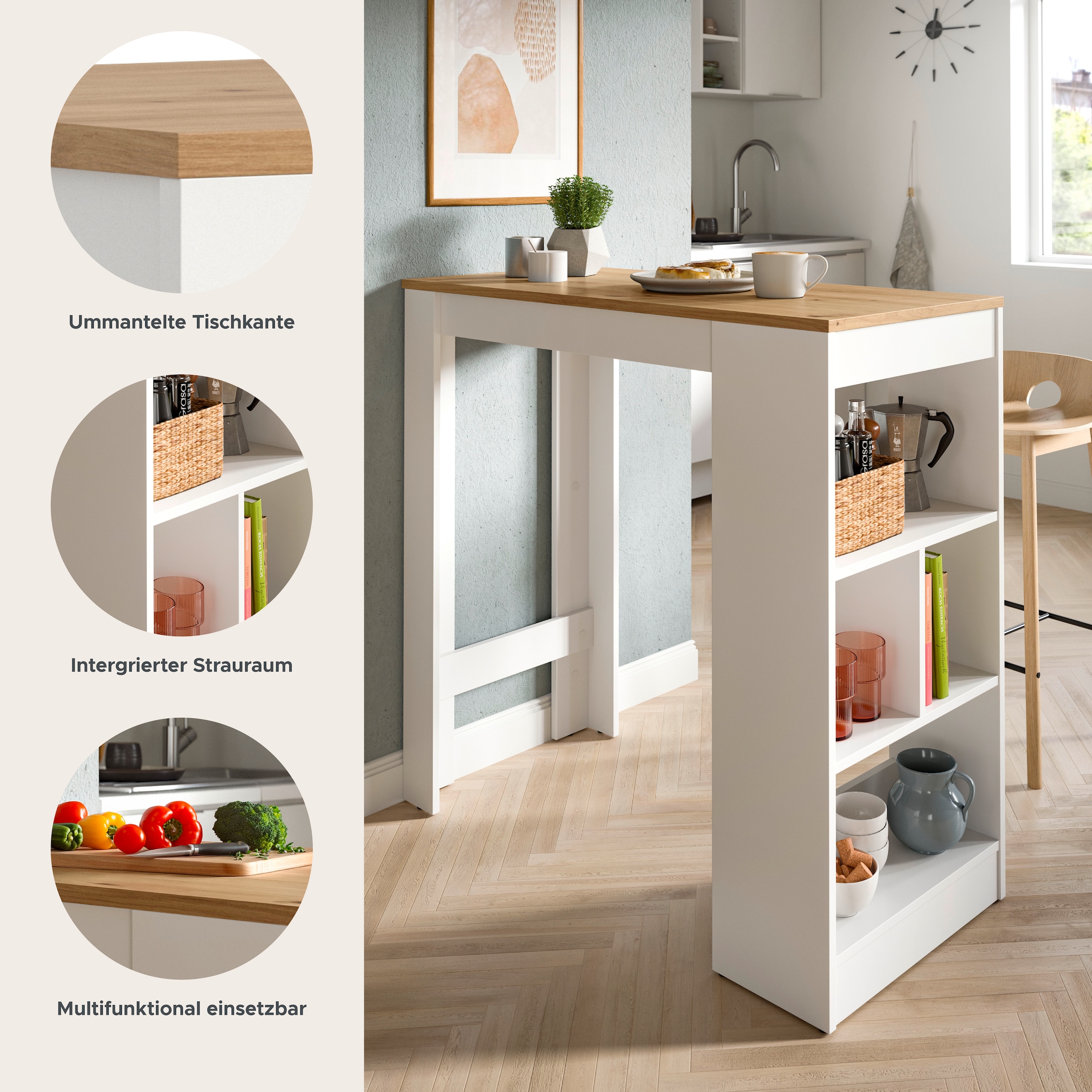 OTTO home Bartisch »NORDBY, Breite x Höhe: 105 x 103cm, 4 offene Fächer« Esstisch, Stehtisch, Tresentisch, Bistrotisch, Küchentisch
