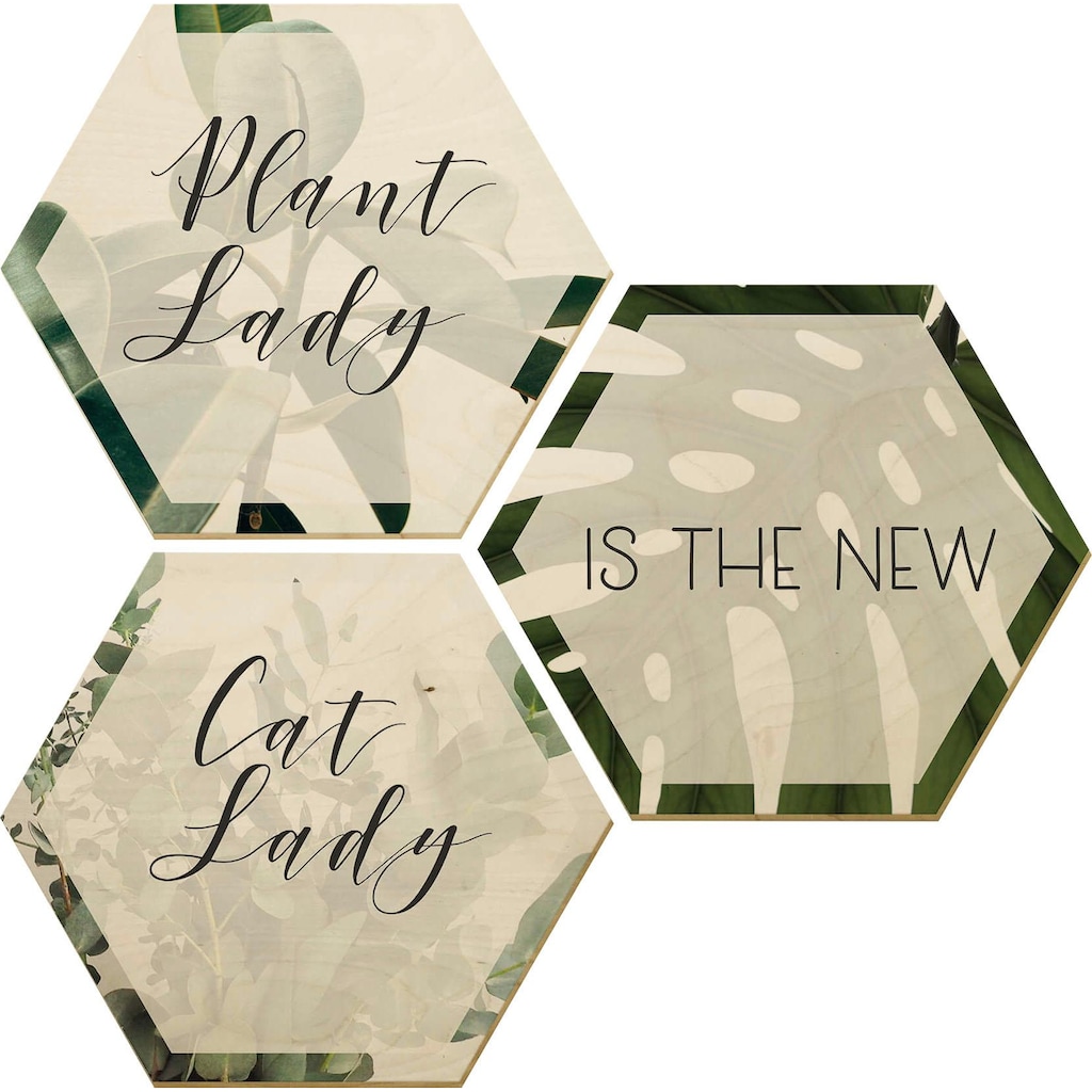 Wall-Art Holzbild »Plantlady is the new Catlady«, Grafik, (Set, Dekoratives Bild)