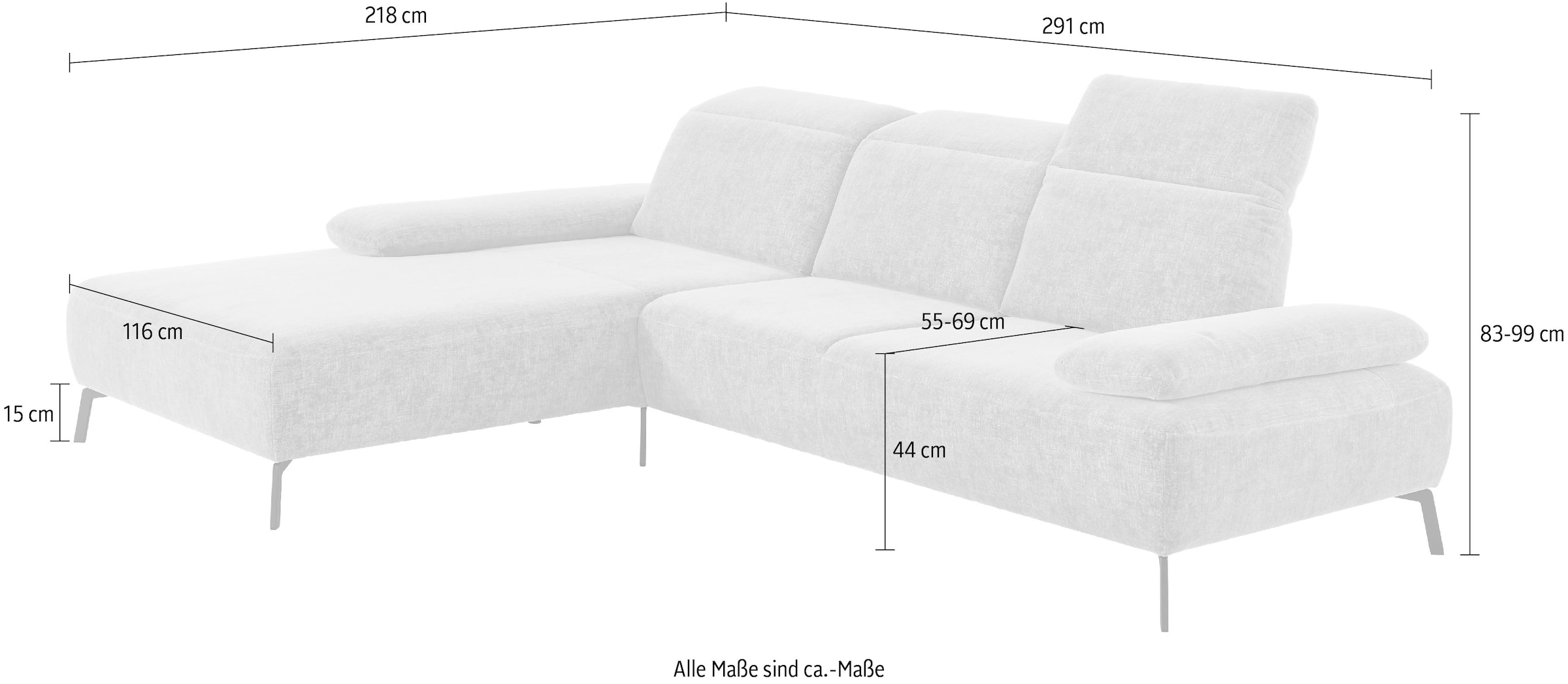 Home affaire Ecksofa »Liora, L-Form mit verstellbarem Kopfteil, Breite 291 cm« klappbare Armlehne, Tonnentaschenfederkern&saugroboterfreundliche Höhe