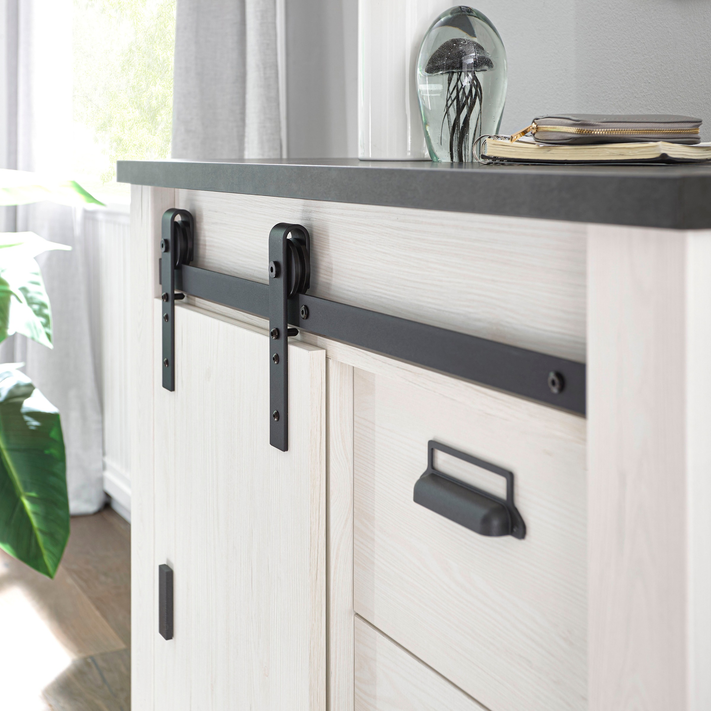 Home affaire Wohnwand »SHERWOOD«, (2 St.), Scheunentorbeschlag und Apothekergriffe aus Metall, Höhe 201 cm