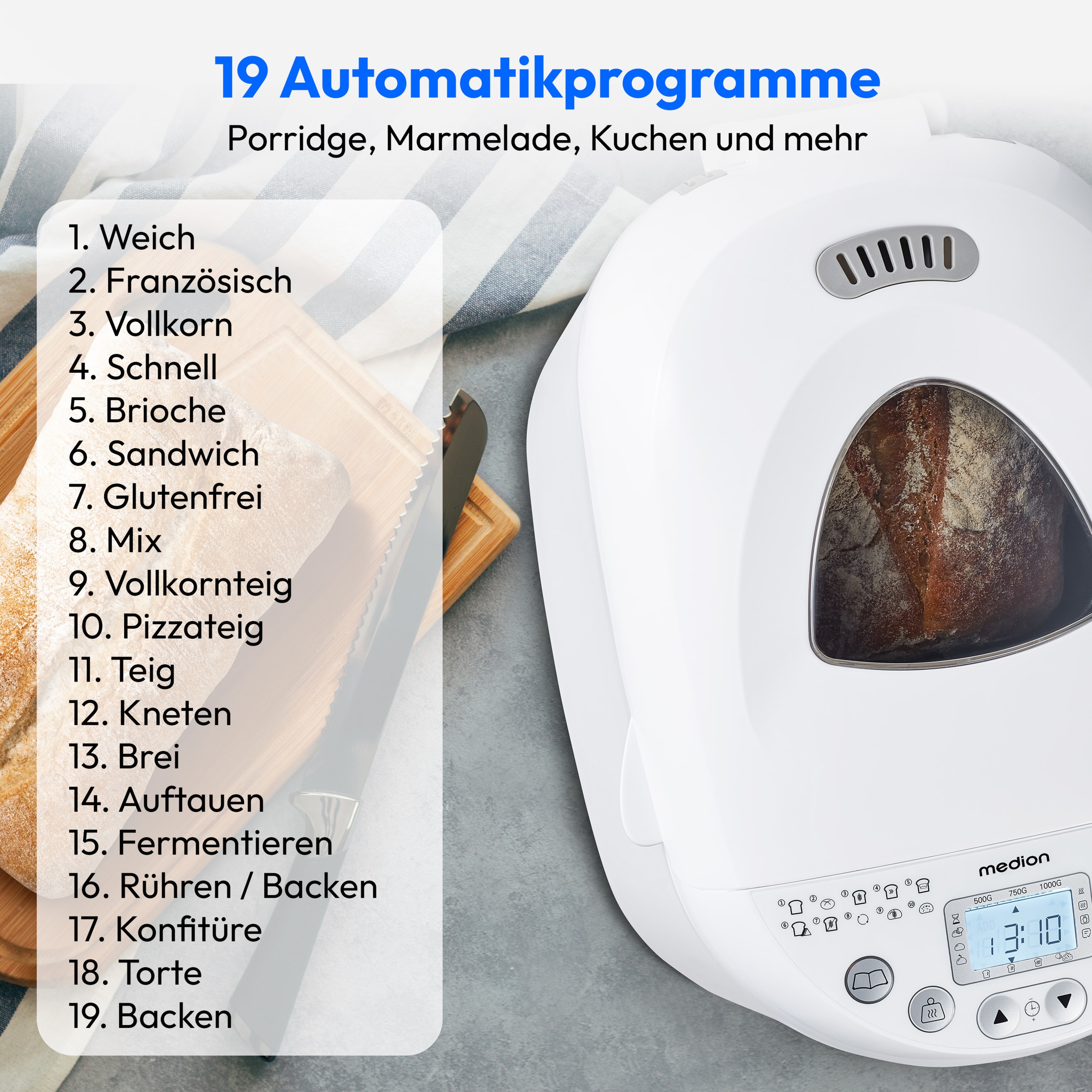 Medion® Brotbackautomat »MD 11011, 19 Backprogramme, 3 Bräunungssufen, Startzeitvorwahl«, 19 Programme, Bis zu 1000g Fassungsvermögen, Warmhaltefunktion