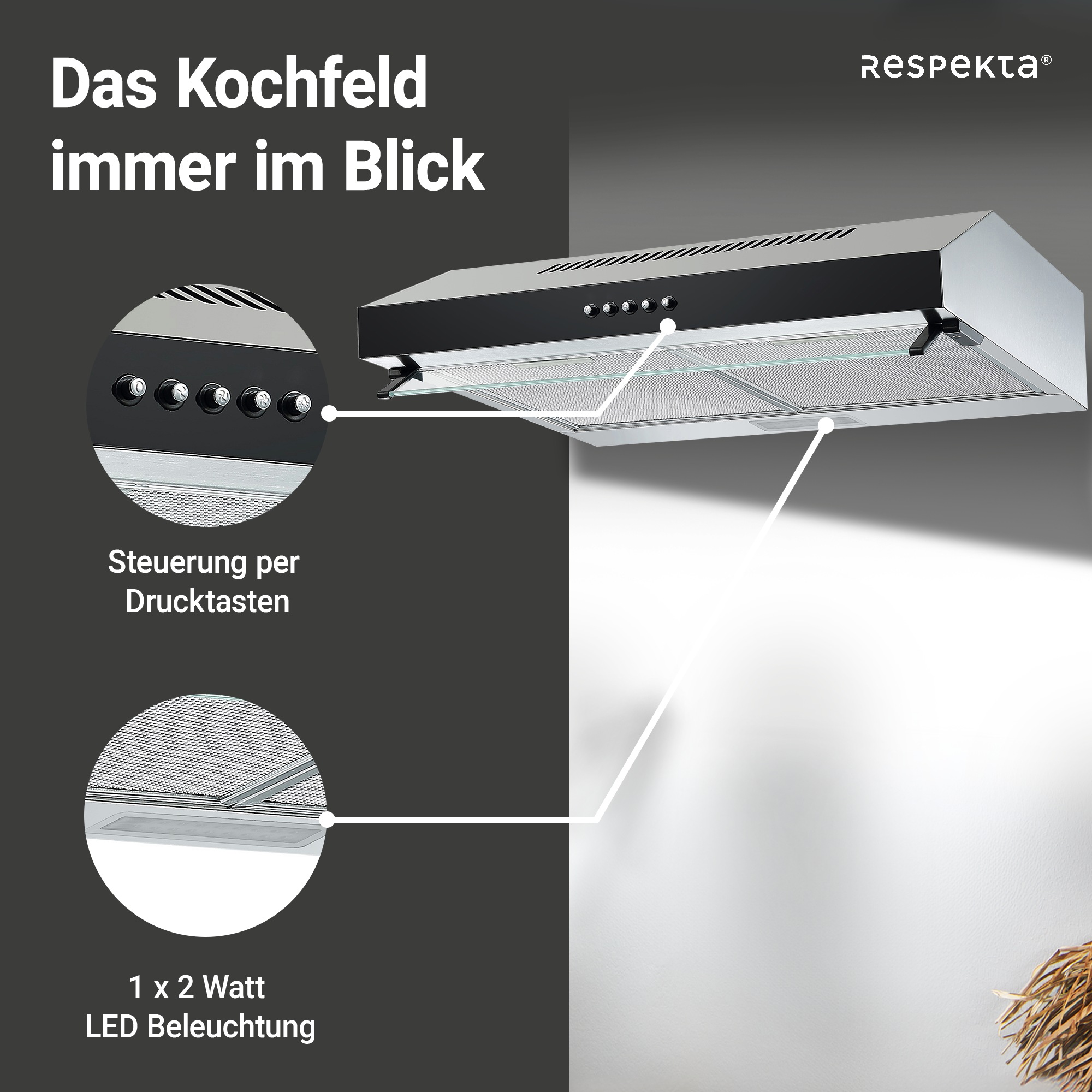RESPEKTA Unterbauhaube »CH 16060 SGB«, 60 cm, 3 Leistungsstufen, LED-Beleuchtung, Ab- und Umluftfähig