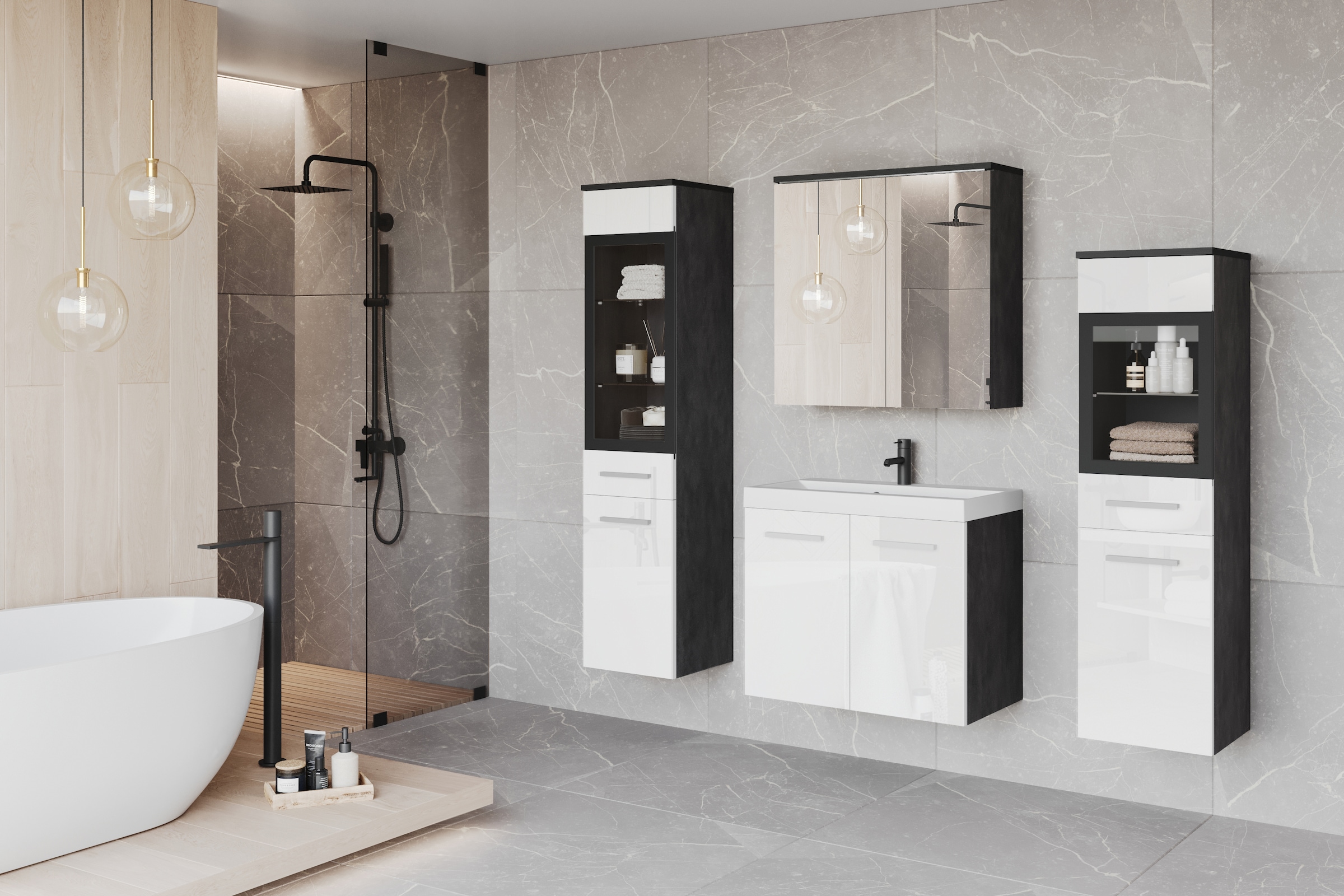 welltime Badmöbel-Set »MADRIT II, Schrank mit Waschbecken, 2 Hänger, Spiegelschrank«, (Komplett-Set, 5 St.), Hängende Badmöbel mit Glaseinsätzen – in vielen Farben erhältlich