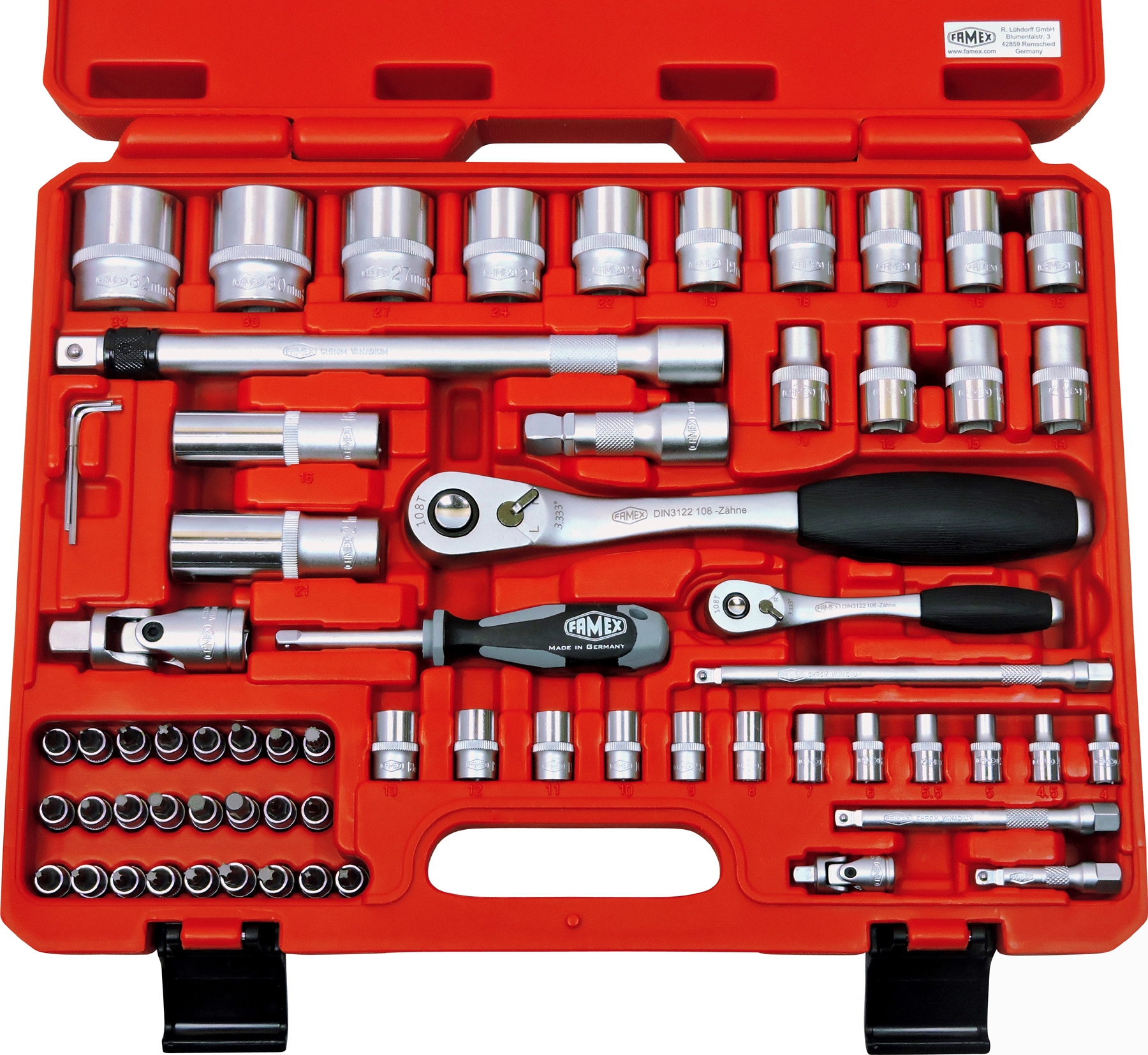 FAMEX Werkzeugset »729-18 - PROFESSIONAL«, Alu-Werkzeugkoffer, Kapazität 30 kg, mit 66-tlg. Steckschlüsselsatz