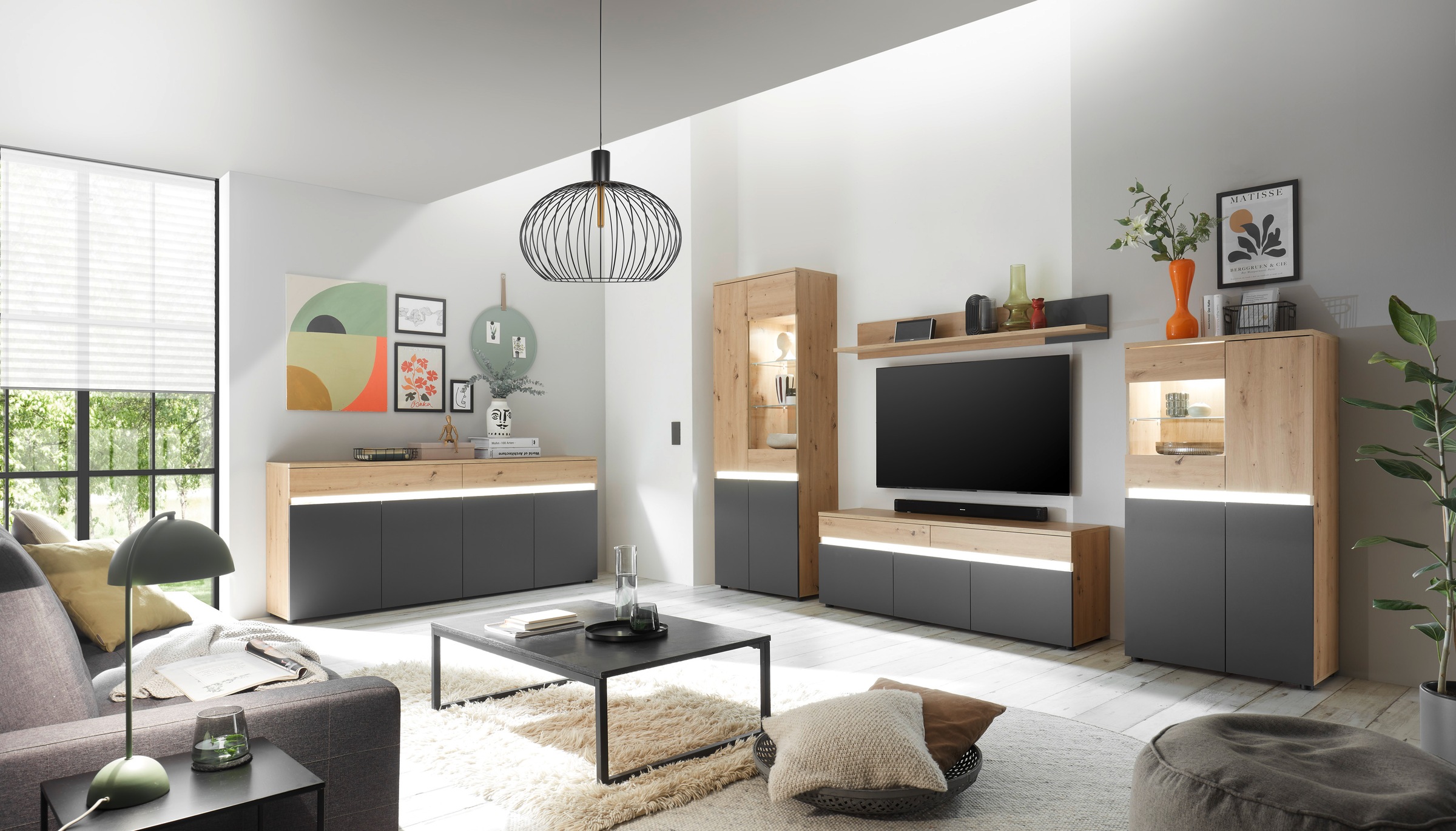 HBZ Lowboard »Lille TV bis zu 65 Zoll geeignet, inkl. LED BxHxT 160x137x38 cm«, (1 St.), mit LED-Beleuchtung, TV Möbel bis 65 Zoll geeignet in Eiche Artisan NB
