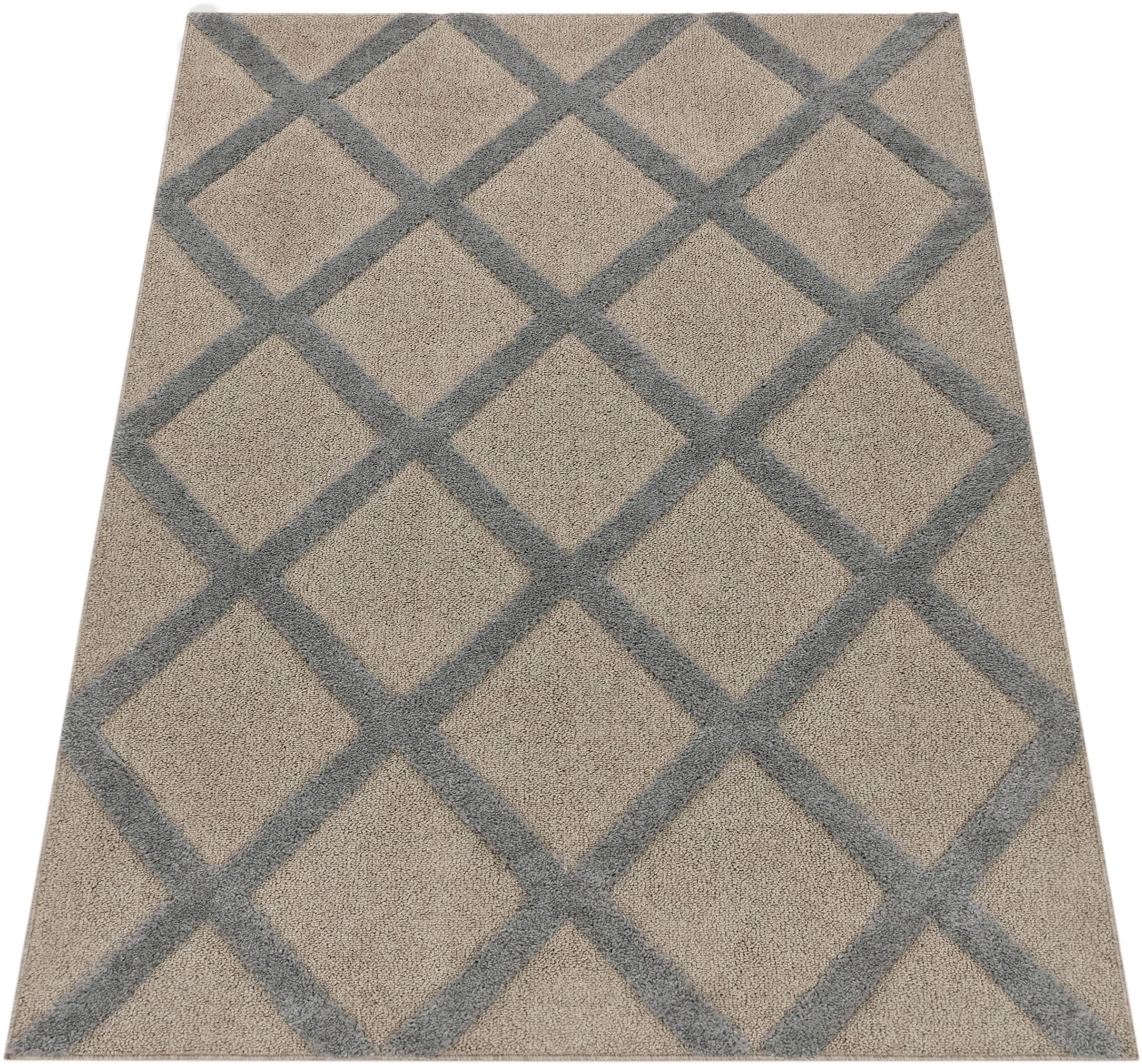 Paco Home Hochflor-Teppich »Genua 745«, rechteckig, 34 mm Höhe, Uni-Farben, Hoch-Tief Effekt, modernes Design, Rauten, weicher Flor