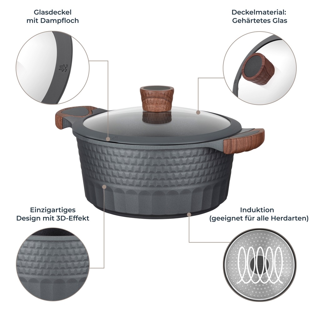 RESTO Kitchenware Topf-Set »Capella mit Deckel, antihaftbeschichtet und spülmaschinenfest«, Aluminiumguss, (Set, 6 tlg., 1x Stielkasserolle Ø 16 cm, je 1x Bratentopf Ø 24 cm + Ø 28 cm), Für alle Herdarten geeignet, auch Induktion, im Geschenkkarton