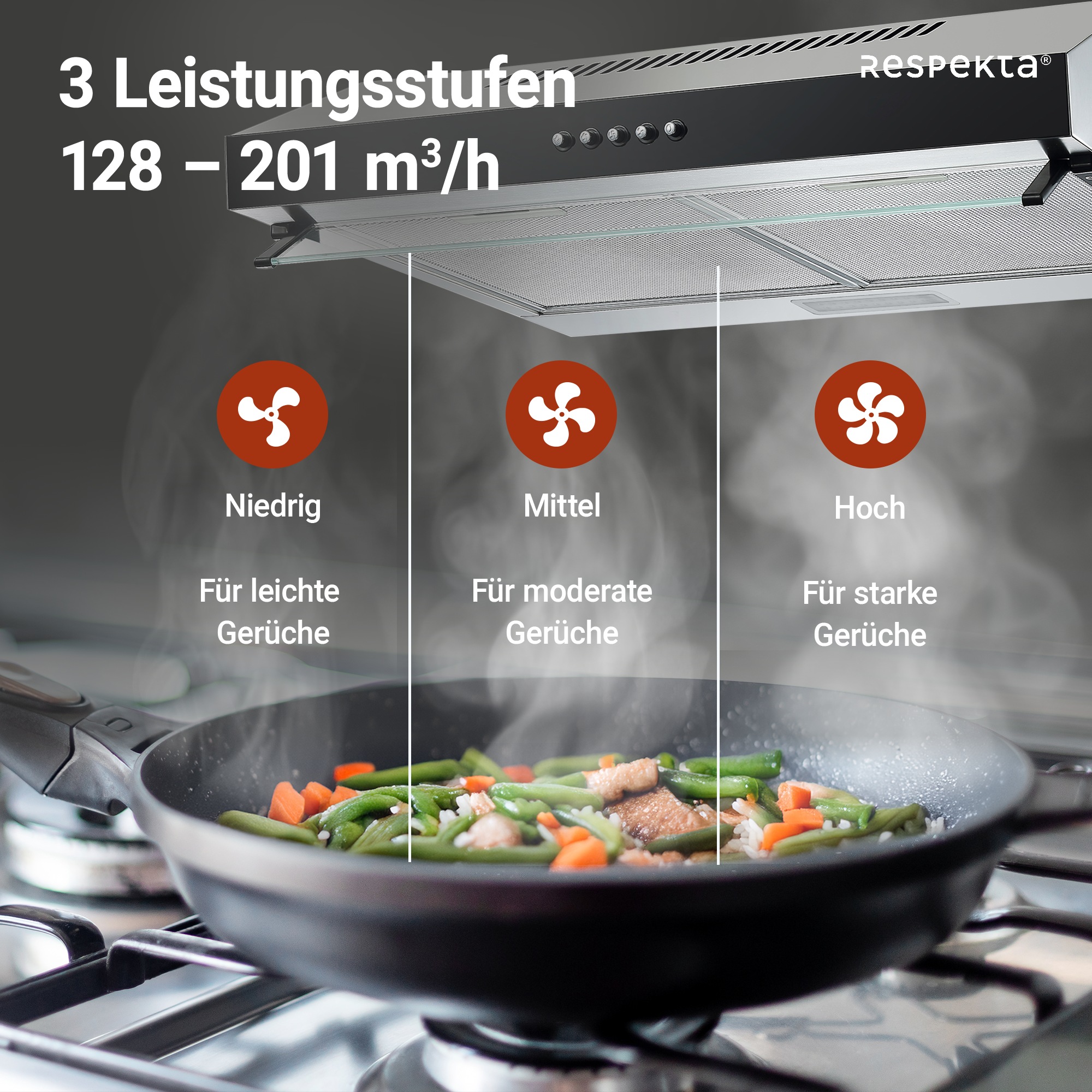 RESPEKTA Unterbauhaube »CH 16060 SGB«, 60 cm, 3 Leistungsstufen, LED-Beleuchtung, Ab- und Umluftfähig