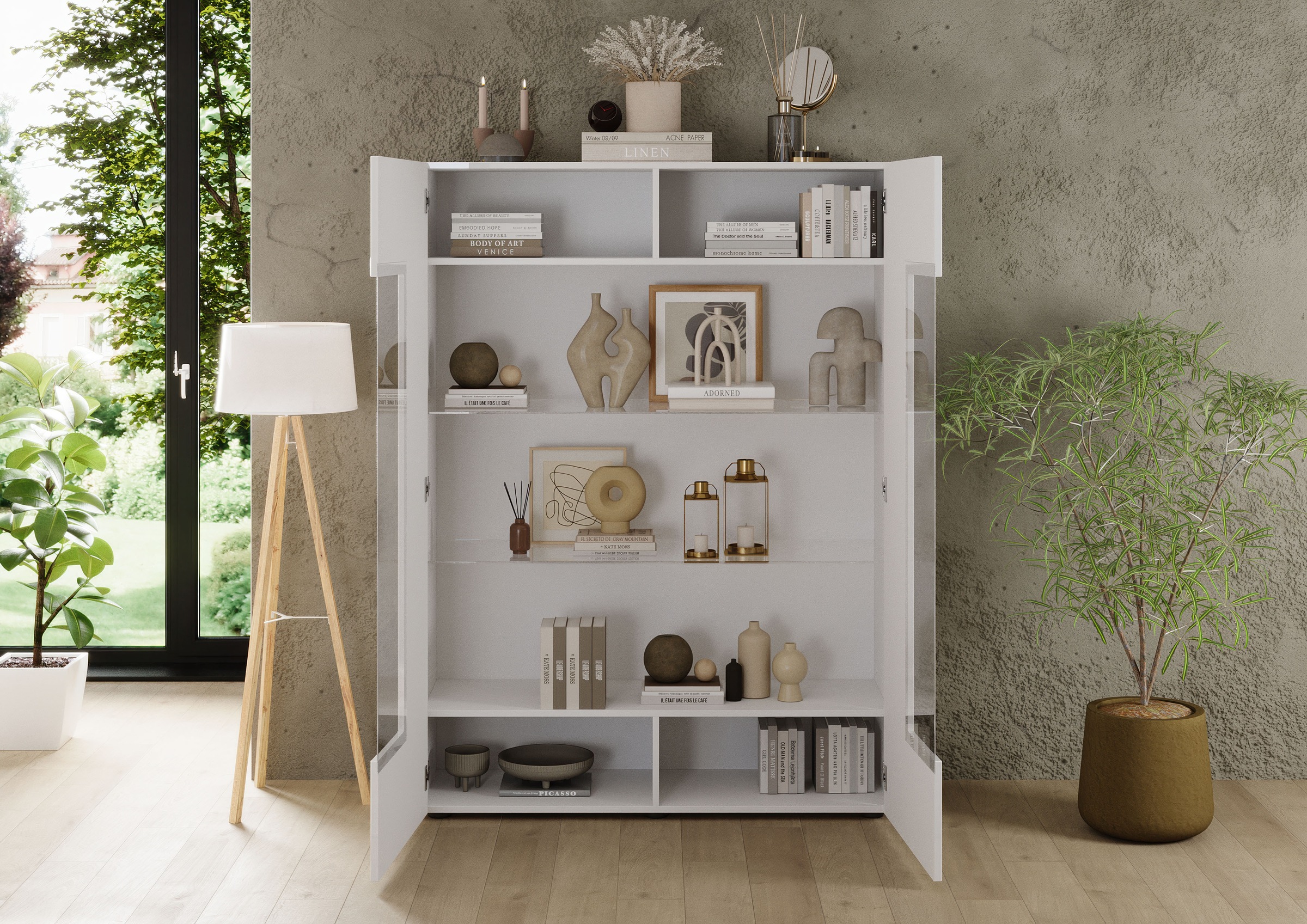 INOSIGN Vitrine »Country Höhe 166 cm, Hochschrank mit 2 Türen, Anrichte, Standvitrine«, geriffelte Front, modern u. elegant, viel Stauraum