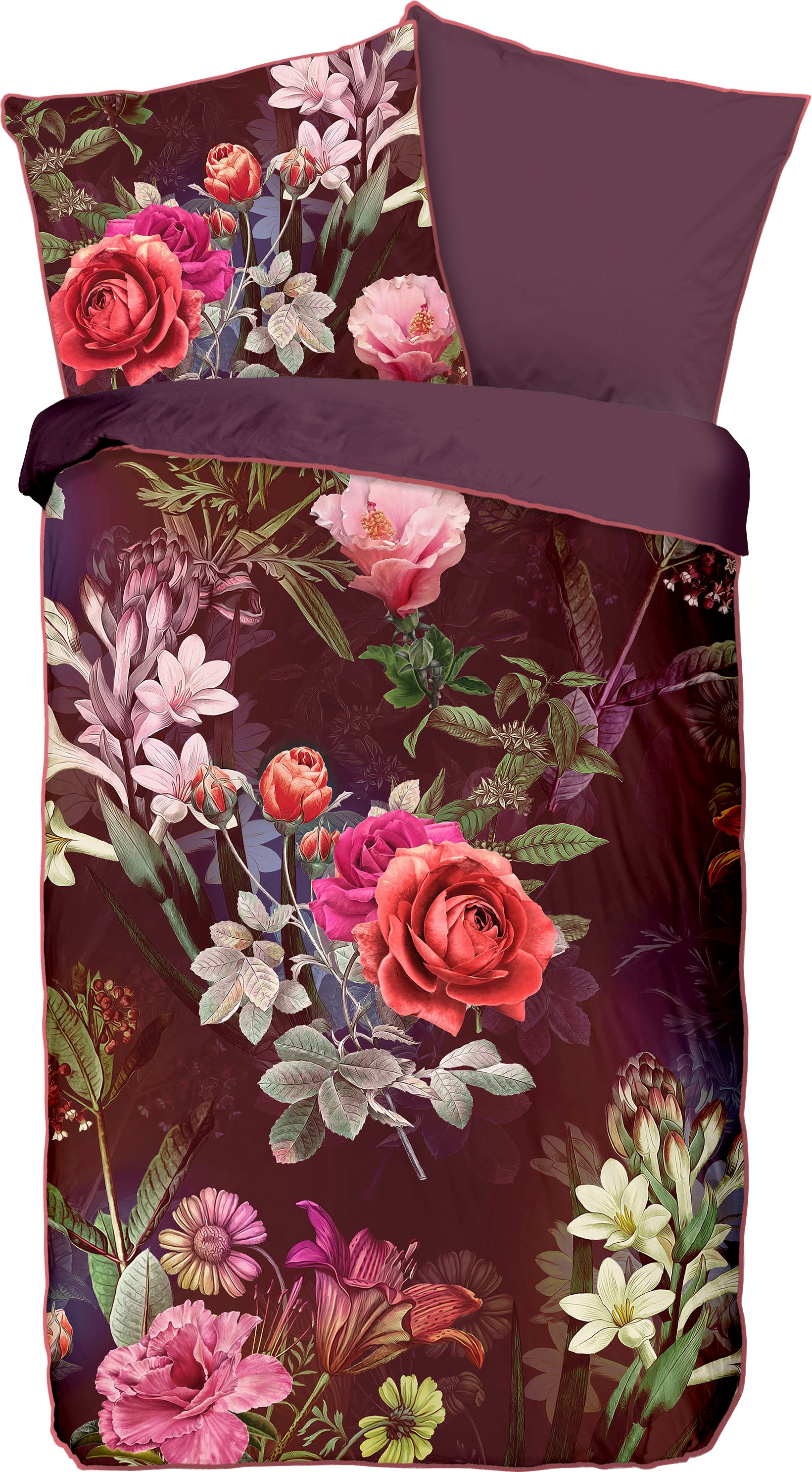 Descanso Wendebettwäsche »Simone«, Mako Satin, 135x200, Biese, Reißverschluss, Wende, Blumen, Bordeaux