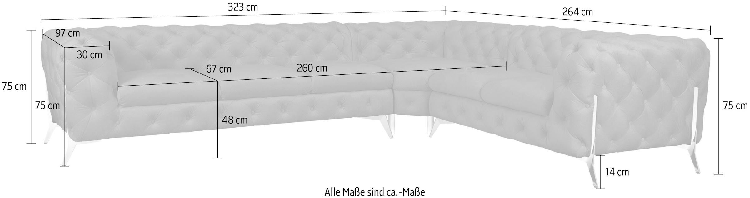 Leonique Chesterfield-Sofa »Amaury L-Form«, großes Ecksofa, Chesterfield-Optik, Breite 323 cm, Fußfarbe wählbar