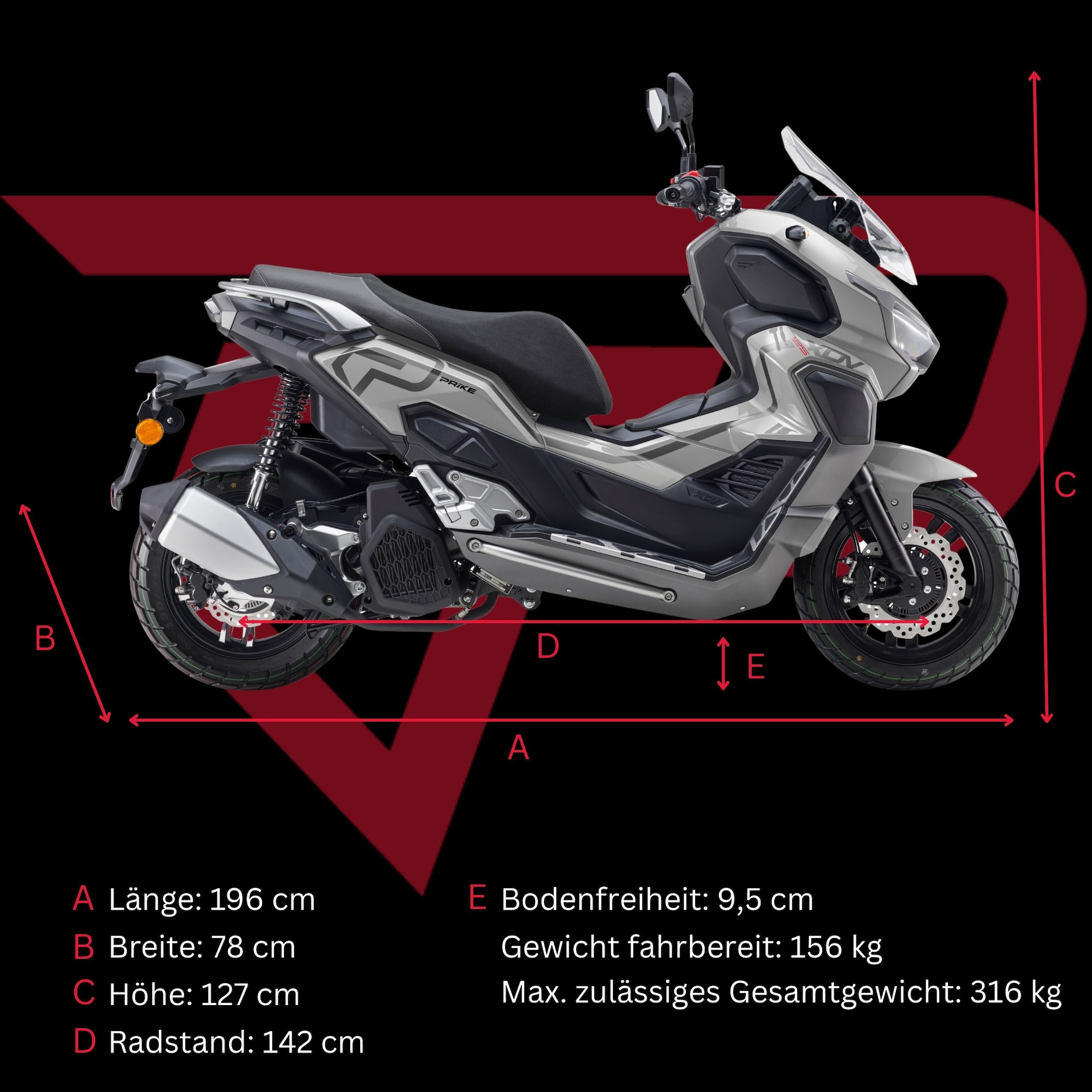 PRIKE Motorroller »PRIKE XDV 125, E5+, Adventure, ADV Roller«, 125 cm³, 95 km/h, Euro 5+, 11,4 PS, ABS, Windschutz, Heizgriffe, USB, EFI, digitales Display