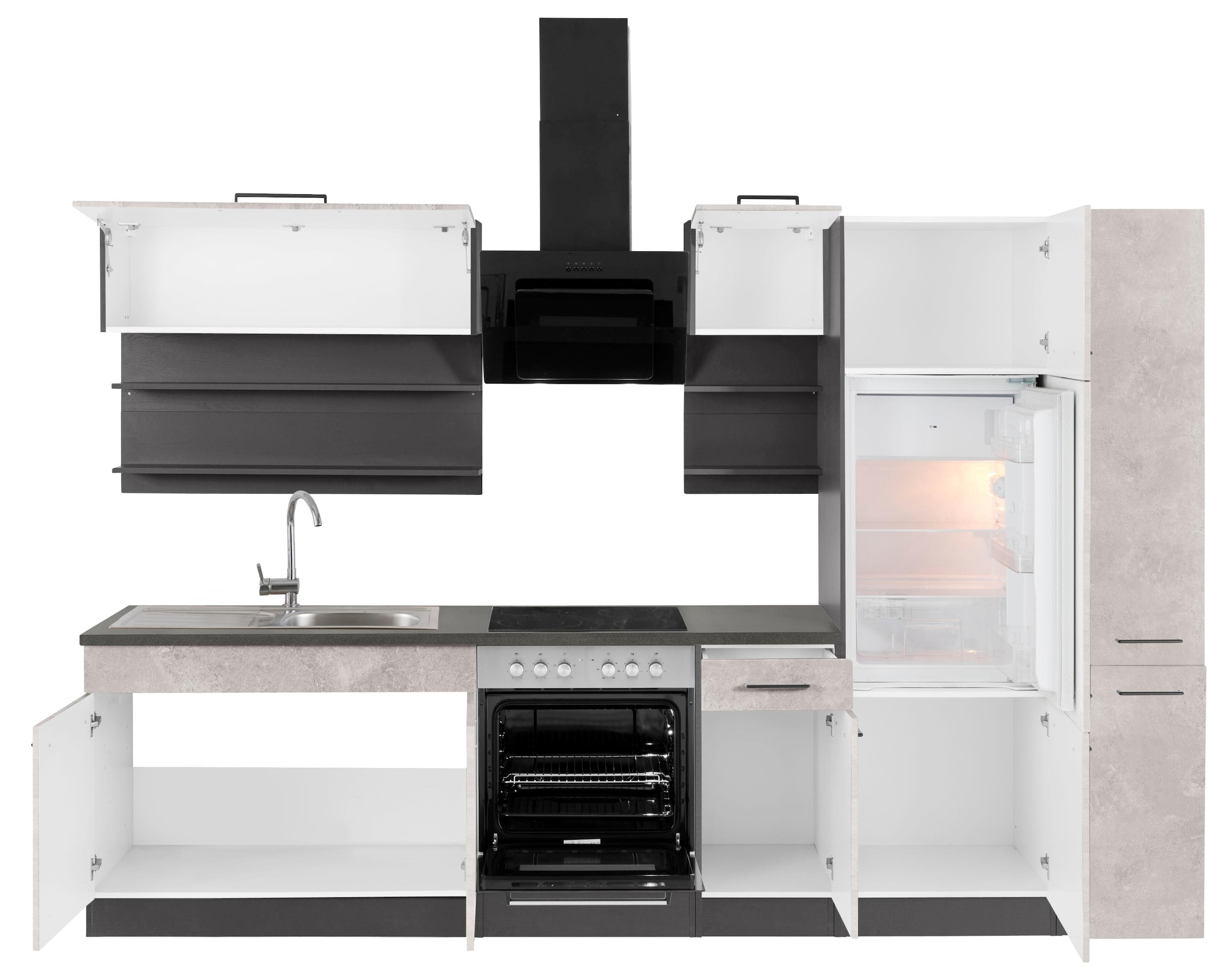 KOCHSTATION Küchenzeile »KS-Tulsa«, ohne E-Geräte, Breite 300 cm, schwarze Metallgriffe, MDF Fronten