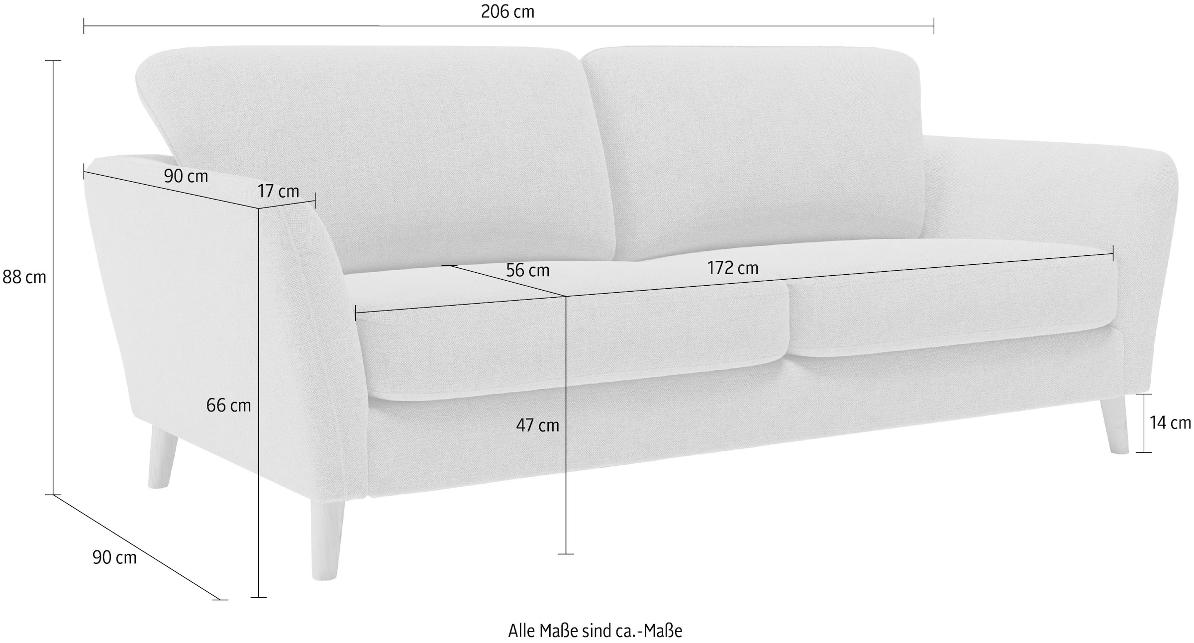 Home affaire 3-Sitzer »MARSEILLE Sofa 206 cm«, mit Massivholzbeinen aus Eiche, verschiedene Bezüge und Farbvarianten