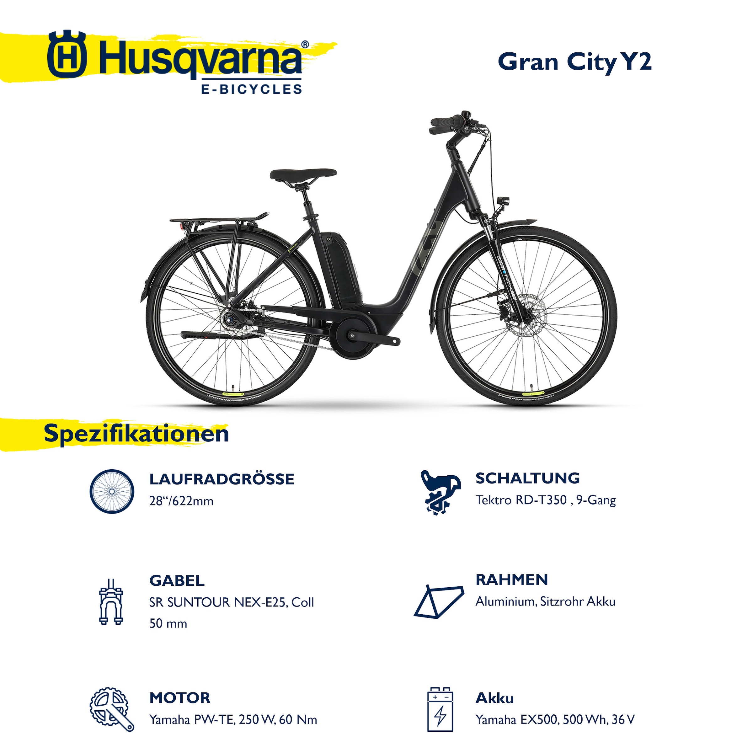 Husqvarna E-BICYCLES E-Bike »E-Citybike Grand City Y2«, 9 Gang, Tektro, RD-T350, Mittelmotor 250 W, (28 Zoll, Yamaha Motor, Scheibenbremsen, mit Straßenzulassung), Pedelec, Elektrofahrrad für Herren u. Damen, tiefer Einstieg