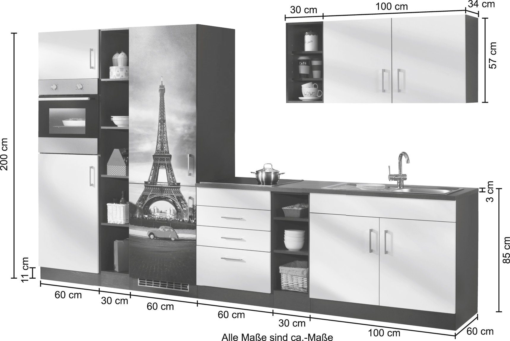 HELD MÖBEL Küchenzeile »Paris«, ohne E-Geräte, Breite 340 cm