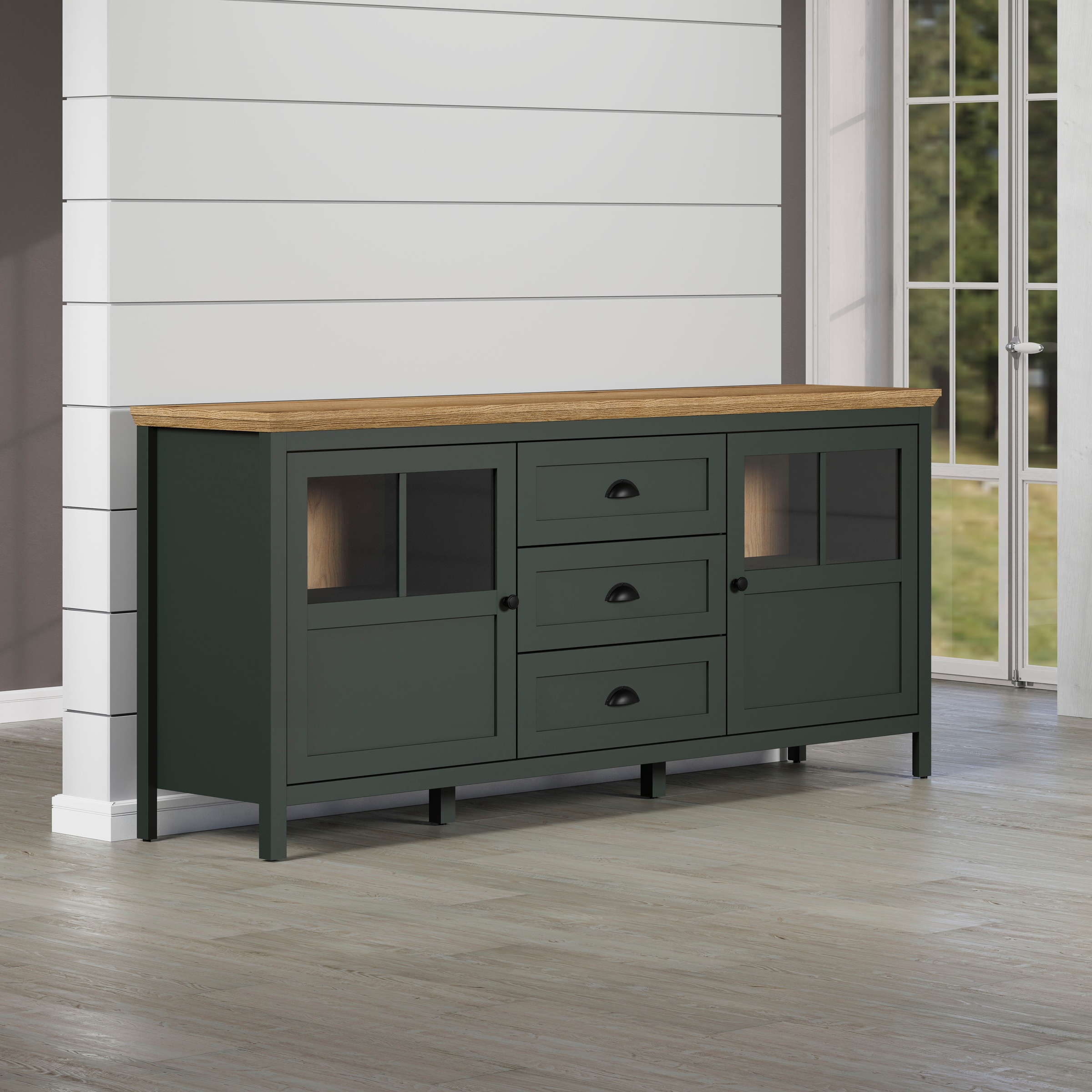Home affaire Sideboard »Vienna«, (1 St.), Kommode im Landhausstil - Beleuchtung, Glastüren - B/T/H 185/45/86 cm