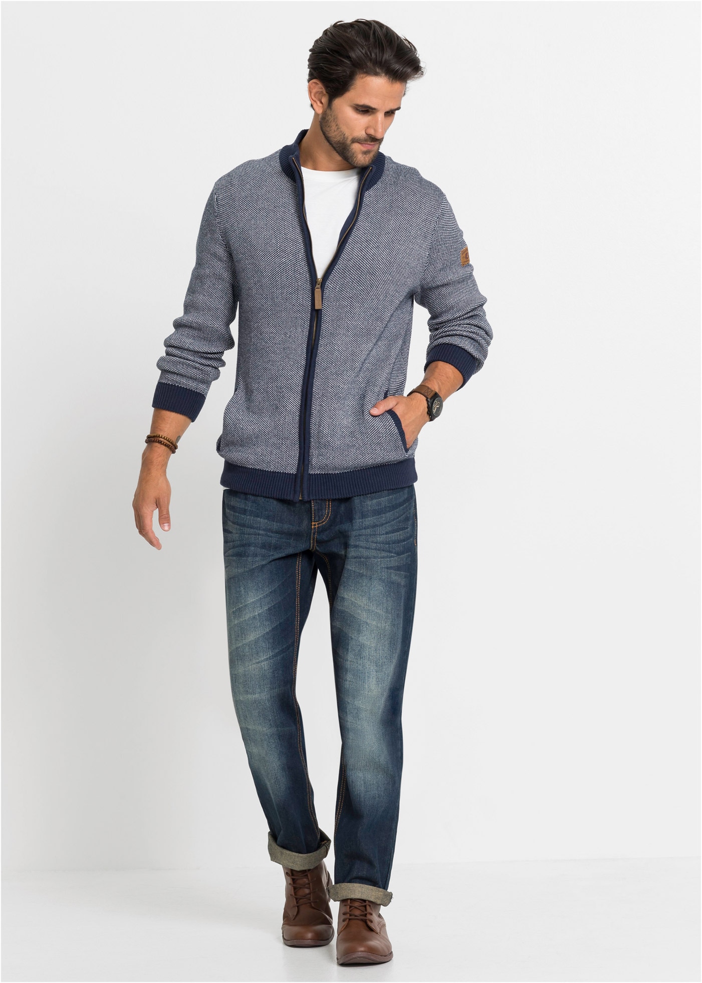 bonprix Strickjacke mit Stehkragen, Regular Fit, unifarben, aus Baumwolle, casual Stil