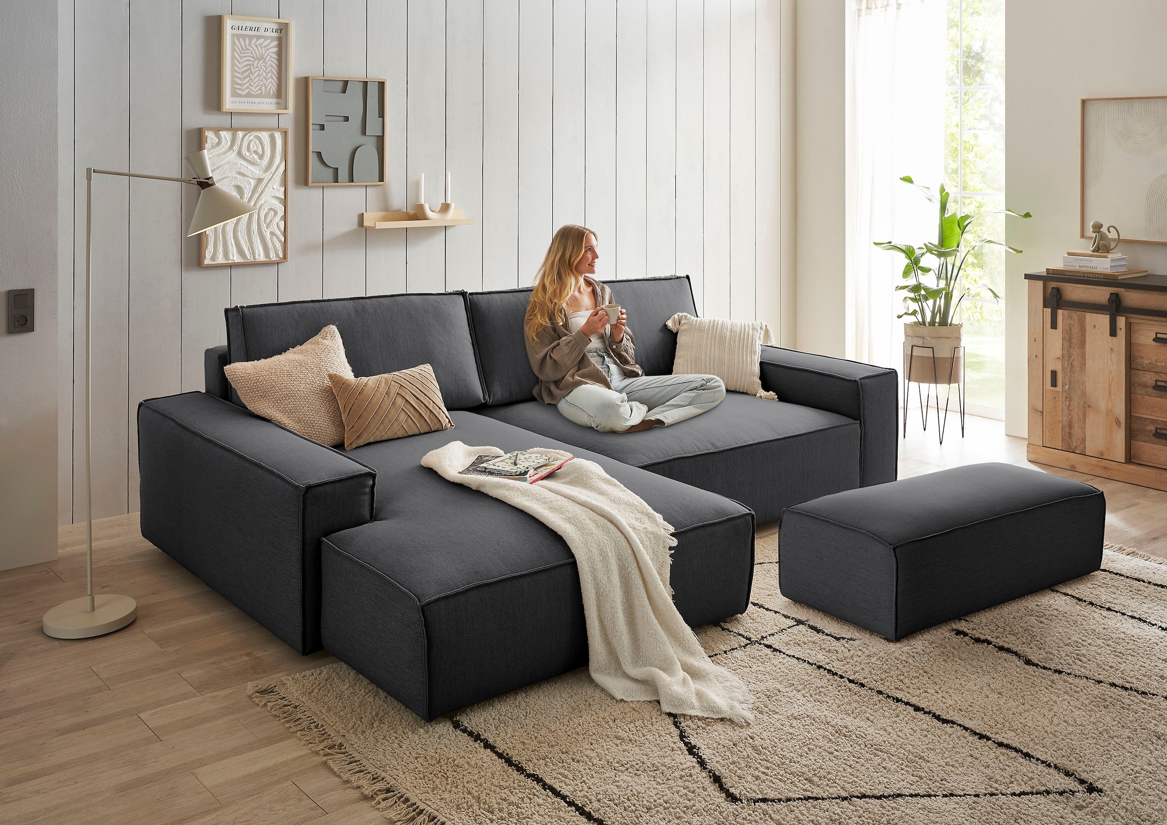Home affaire Polsterecke »NEU: SHERWOOD XXL tief, L-Form mit Schlaffunktion, Big-Sofa mit Hocker«, (Set, 2 St.), stellbar zum Schlafsofa (Krokodilverbinder), Cord, Leinenoptik