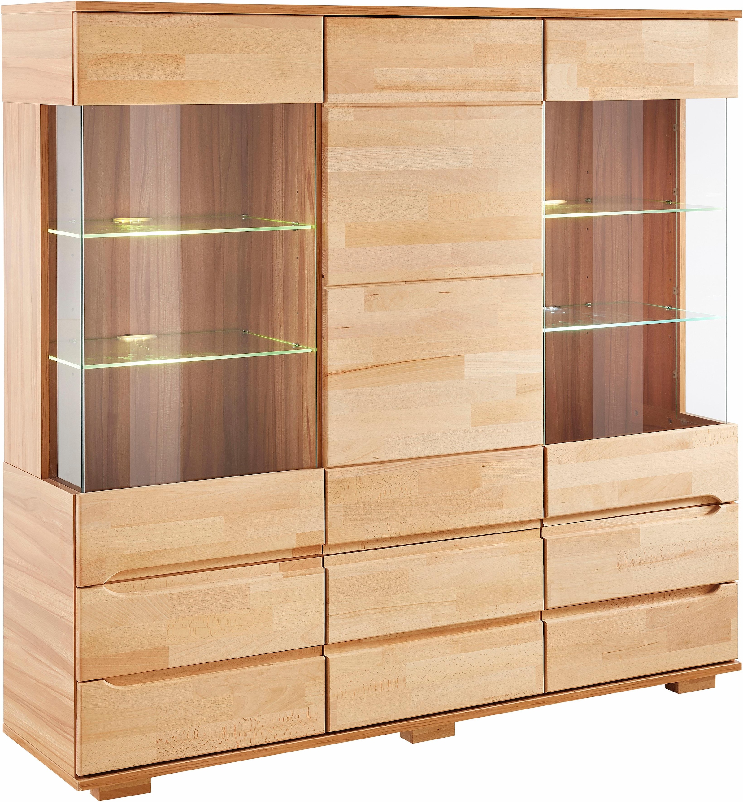 Home affaire Highboard »Vetro,150cm breit,40 cm tief,Fronten Massivholz,9 Fächer«, Kernbuche massiv, Holzwerkstoff, 3Türen,6 Schubladen, Griffmulden