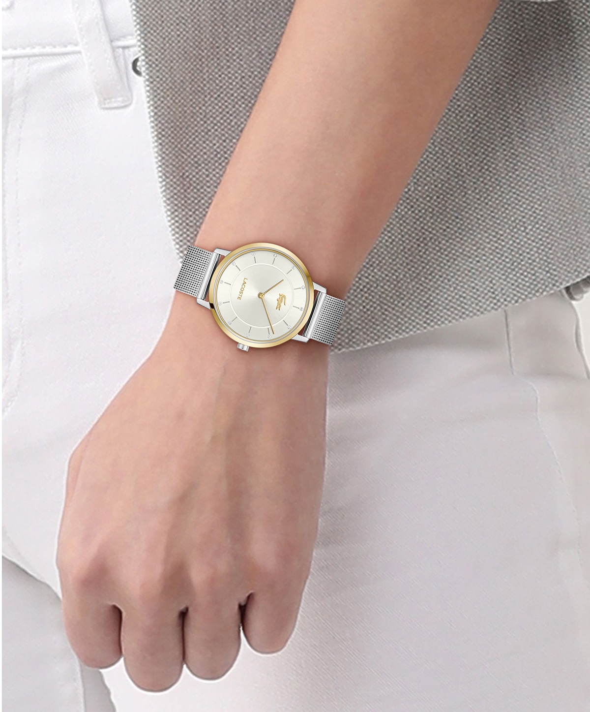 Lacoste Quarzuhr »CROCORIGIN« Armbanduhr, Damenuhr, Edelstahlarmband, analog, Glassteine