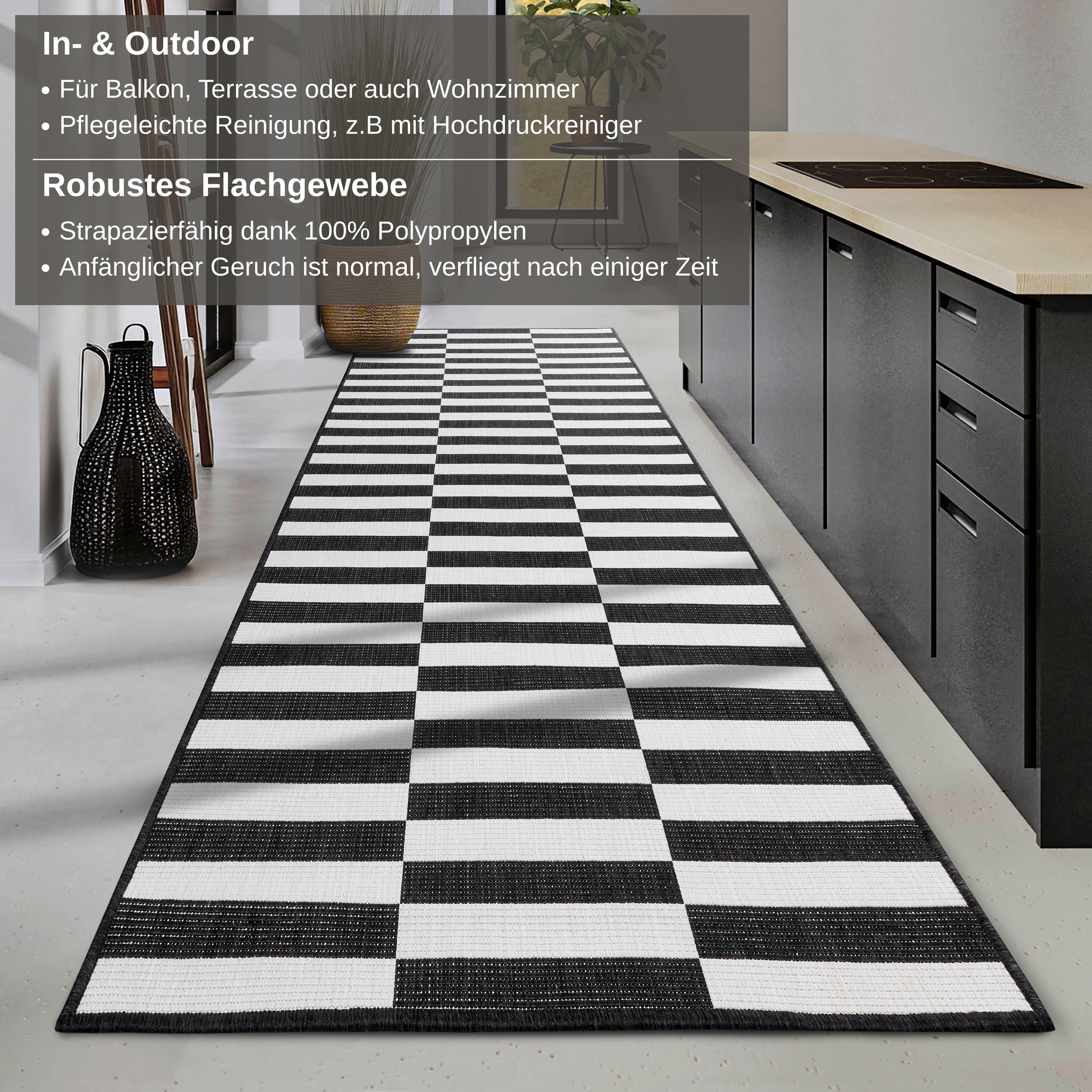 my home Teppich »Viela  Outdoor Wendeteppich, auch als Läufer erhältlich«, rechteckig, 5 mm Höhe, schwarz weiß, Flachgewebe, Balkon, Wohnzimmer, In-Outdoor, wasserfest