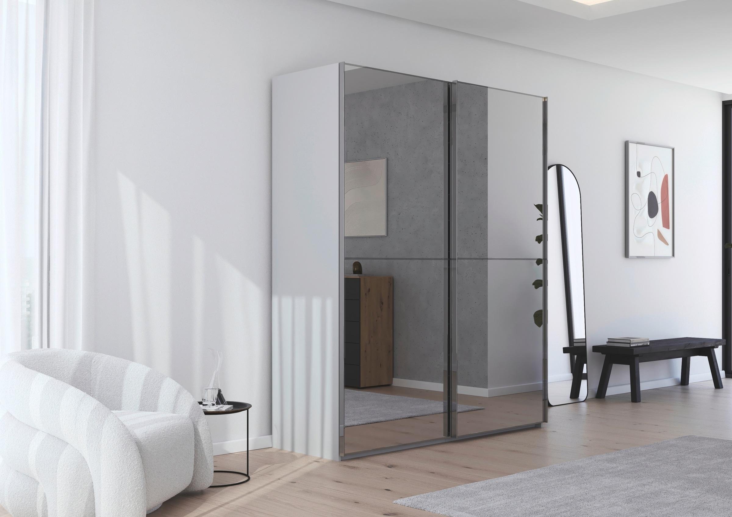 rauch Schwebetürenschrank »Kleiderschrank Schrank Garderobe Schlafzimmerschrank SCALE-DUO«, edle zweigeteilte Türen Spiegelfront und 3 Zierleisten MADE IN GERMANY