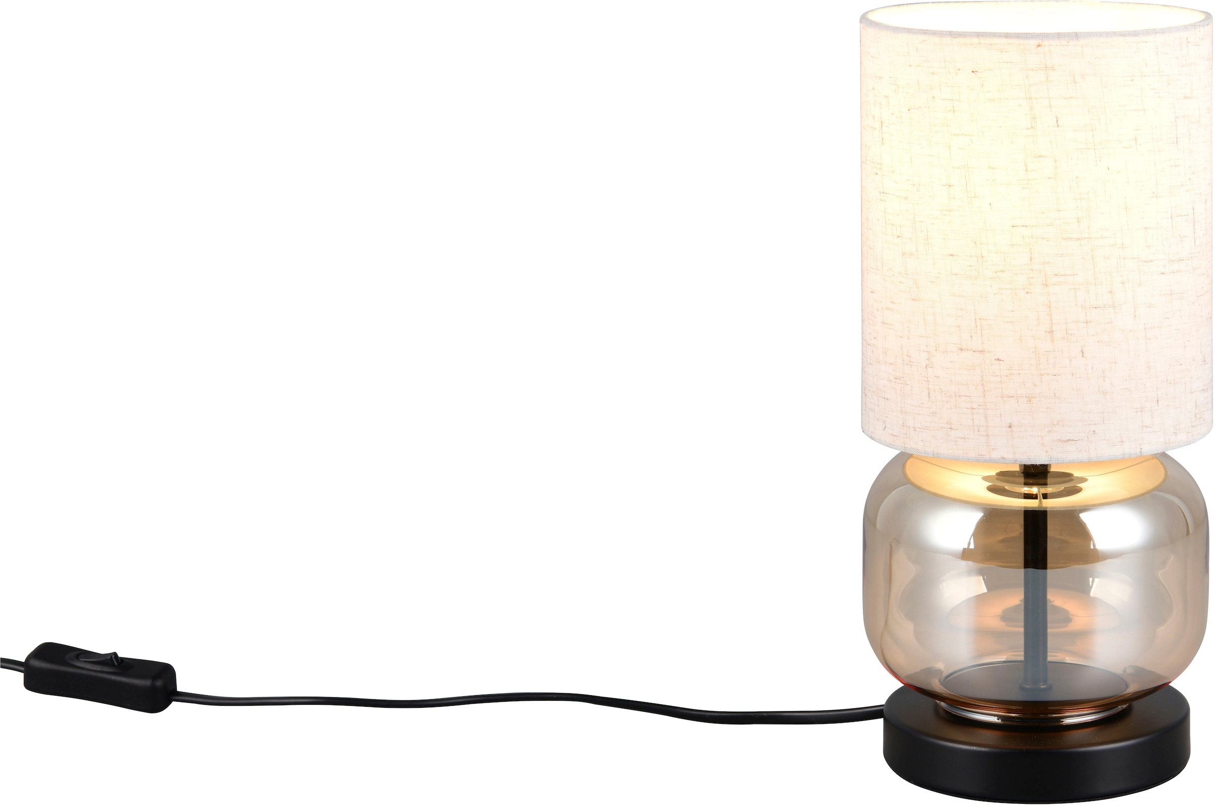 my home Tischlampe »Ulrichstein, Tischlampe mit Glas und Stoffschirm exkl 1x E27 max 40W«, 1 flammig, Leuchtmittel E27 | Leuchtmittel wechselbar, Nachttischlampe Tischleuchte m. Schnurschalter Glas amber Schirm beige