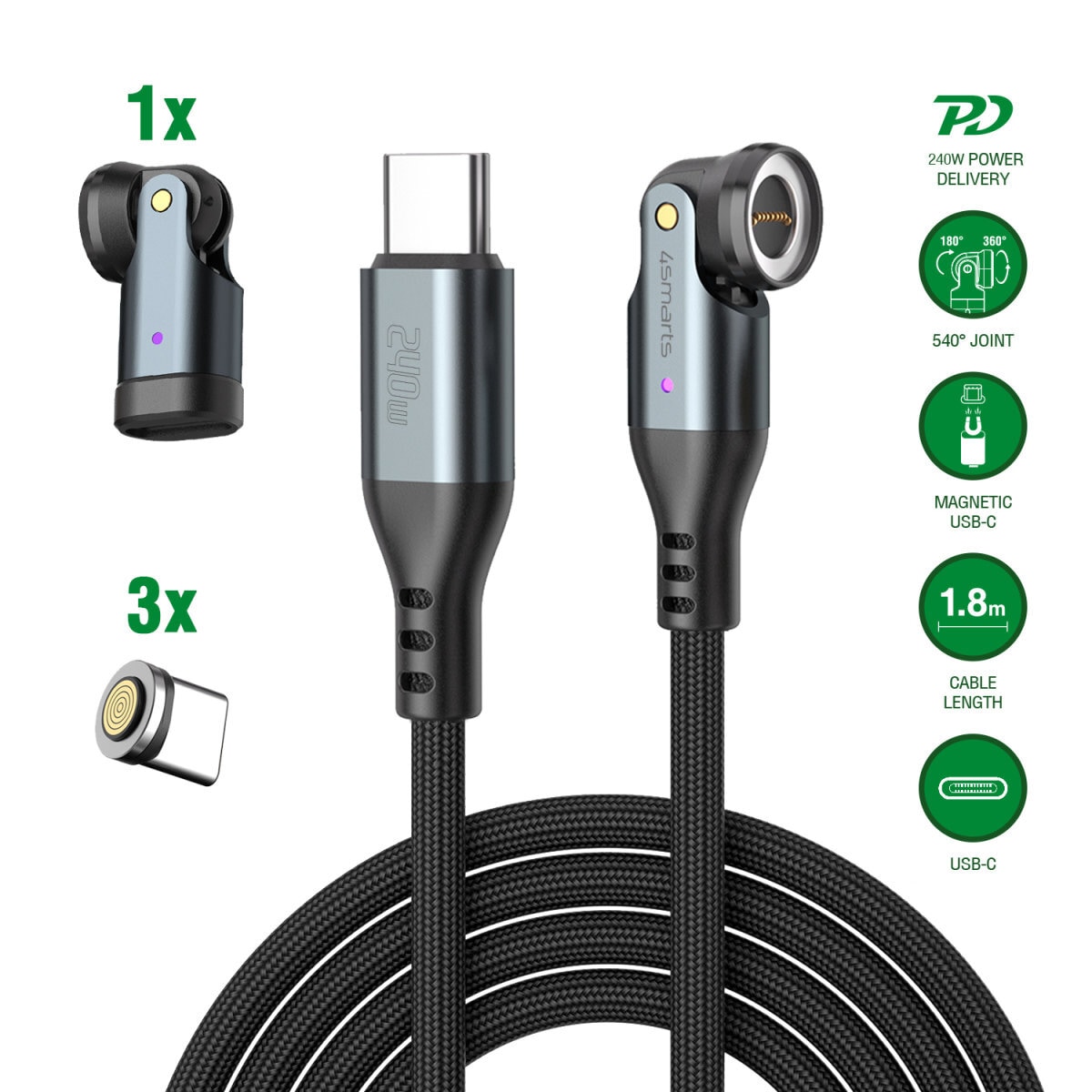4smarts USB-Kabel »USB-C 540° Magnetkabel-Set GravityCord 240W« USB Typ C 180 cm