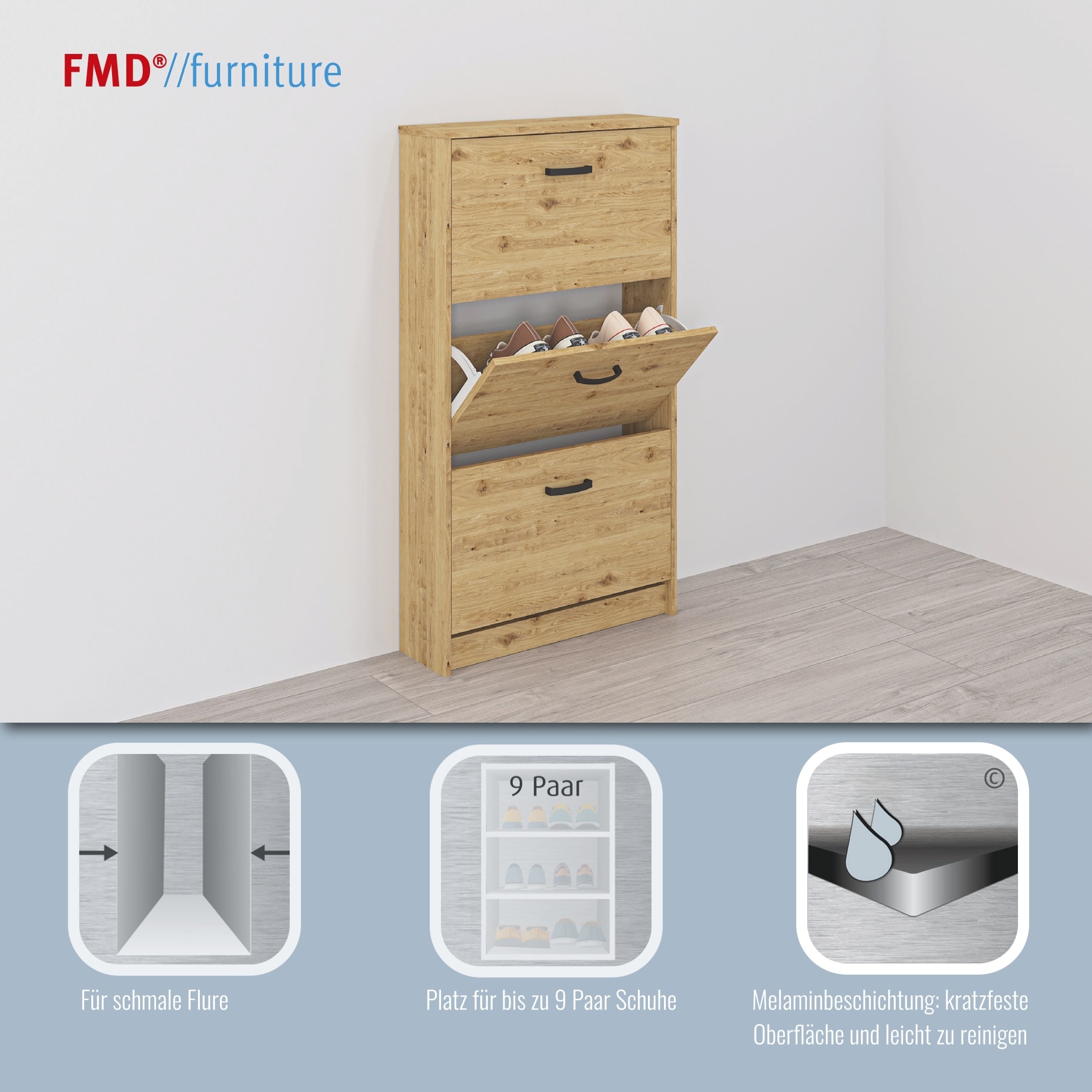 FMD Schuhschrank »Step 3« Breite 58,5 cm, Tief 17 cm, mit 3 Klappen, Schuhkipper