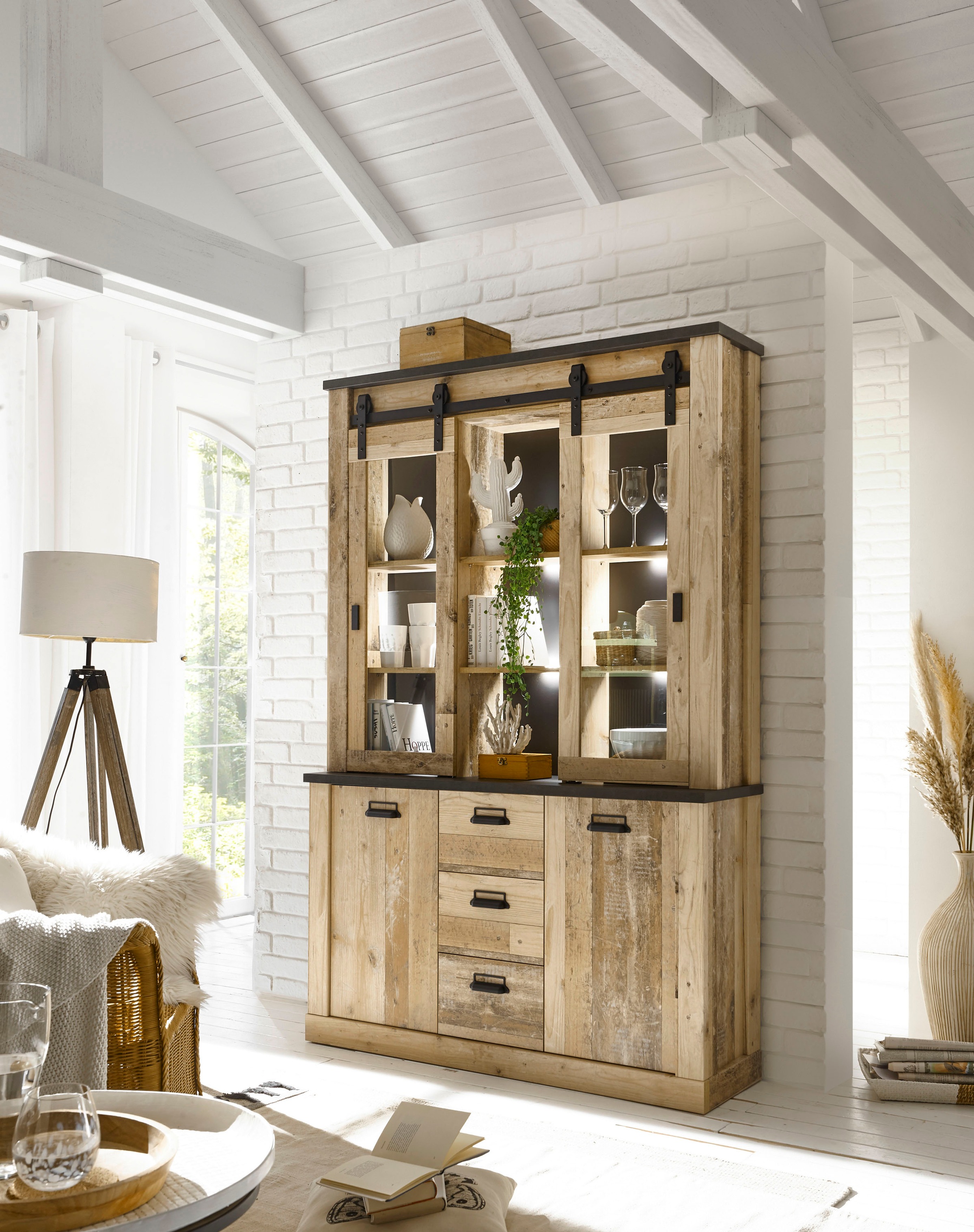 Home affaire Buffet "SHERWOOD" Holz Dekor, mit Scheunentorbeschlag und Apot günstig online kaufen
