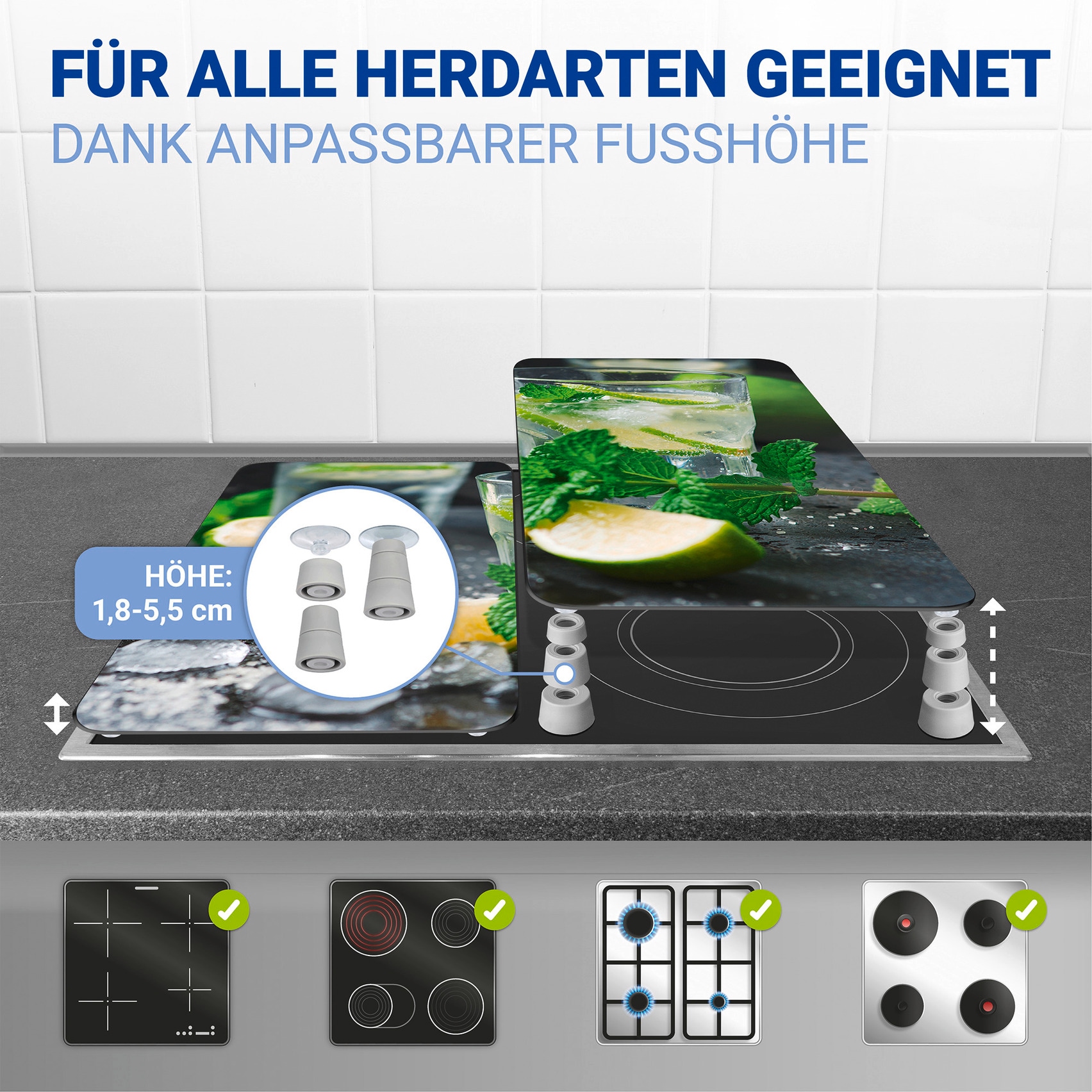WENKO Herd-Abdeckplatte »Universal Modell Mojito«, (Set, 2 tlg.), Herdabdeckung für alle Herdarten, kratzfest, mit rutschfesten Füßen