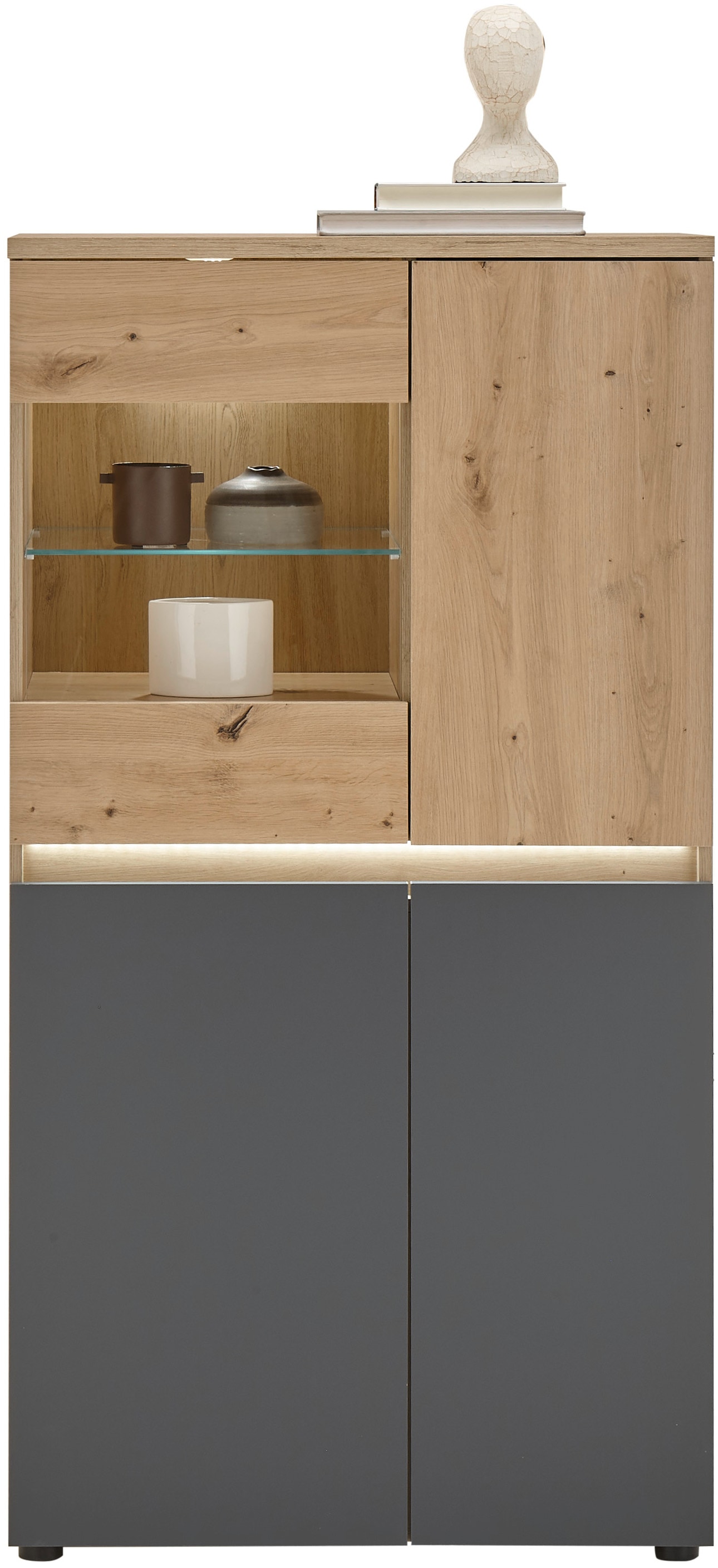 HBZ Highboard »Lille mit LED-Beleuchtung, Wohnzimmerschrank BxHxT 75x140x38 cm«, (1 St.), Mit 3 Türen, 4 Einlegeböden und 1 Glasboden, BxHxT 75x140x38 cm