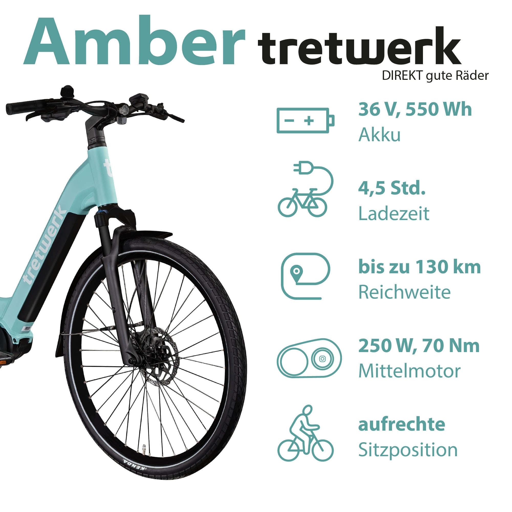 Tretwerk E-Bike »Amber«, 8 Gang, Shimano, Acera M3020 SGS, Mittelmotor 250 W, E Bike Damen 28" Elektrofahrrad 155 - 185cm Hollandrad