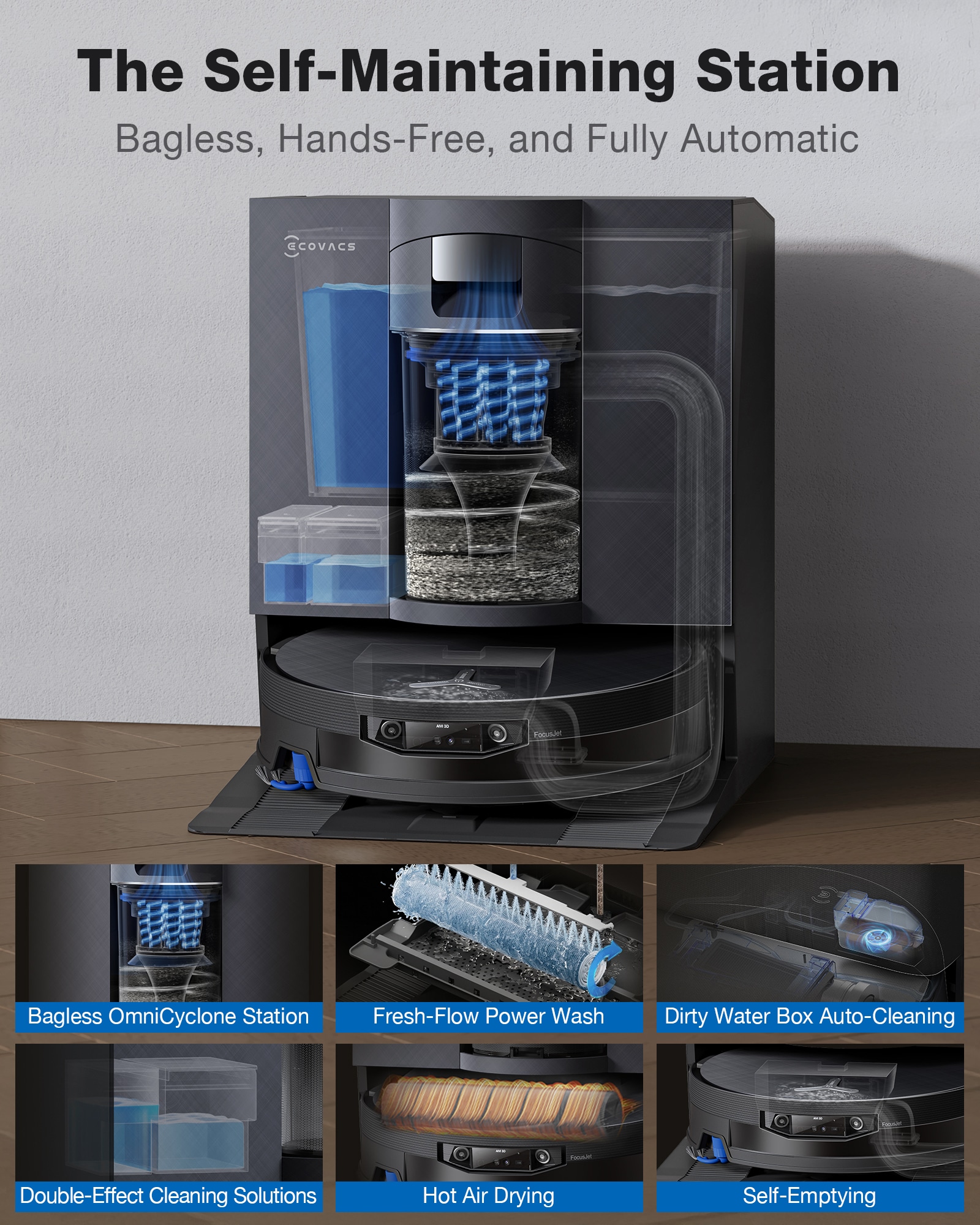 ECOVACS Nass-Trocken-Saugroboter »DEEBOT X12 OmniCyclone, FocusJet-Technologie« 25cm, Wischrolle, OmniCyclone Station (beutellos), Haustierfreundlich