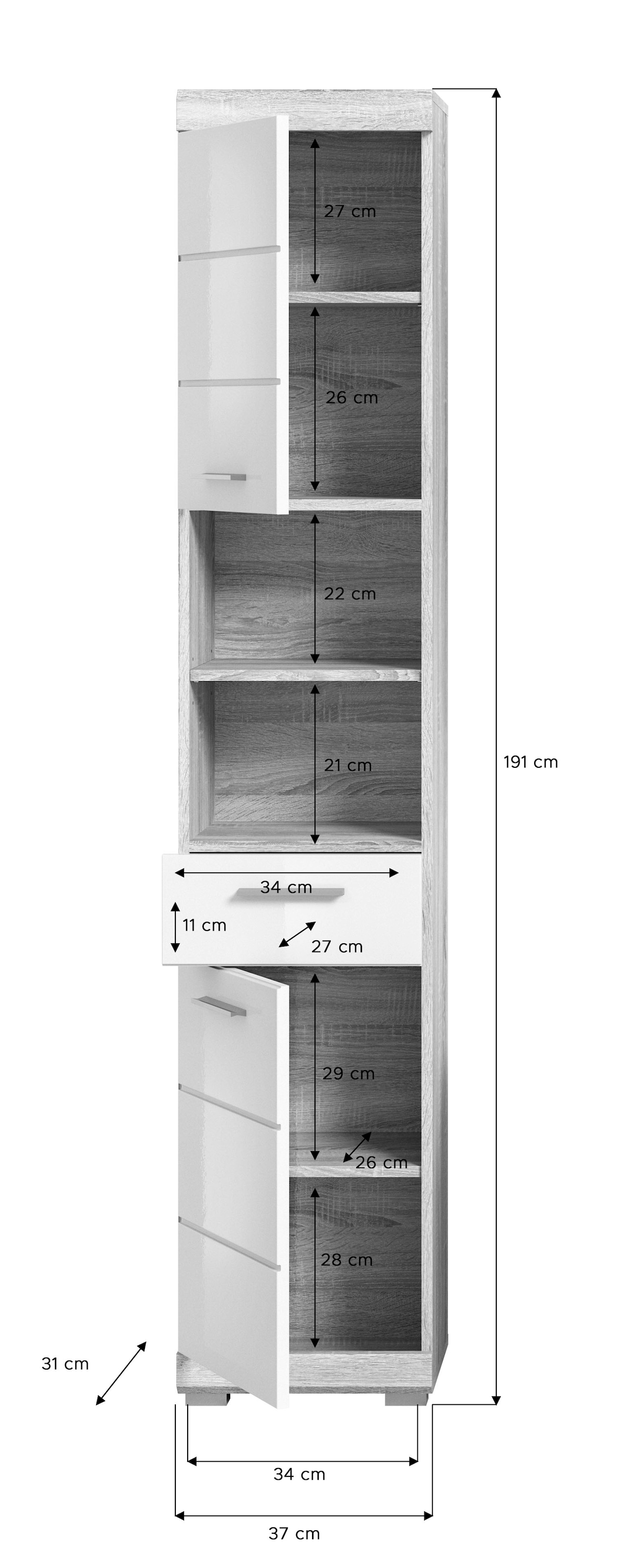 INOSIGN Hochschrank »Siena, Breite 37cm, 2 Tür, 1 Schubkasten, 2 offene Fächer, MDF-Front«, (1 St.), in verschiedenen Farben erhältlich, Badmöbel, Badschrank, Schrank, Bad