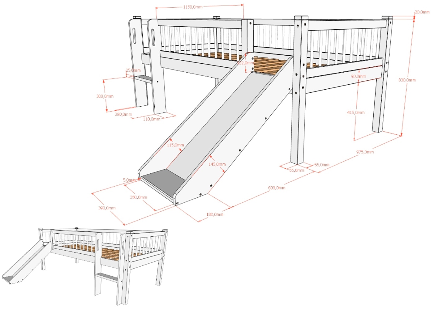 Vipack Massivholzbett »Forrest Made in Europe, stabil und hochwertig gebaut, mit 2 Rollboxen« 90/200 cm, mit Rollrost, Leiter und Rutsche, seitenverkehrt montierbar,  inkl. umlaufenden Absturzschutz in Sprossenoptik, Eiche natur geölt
