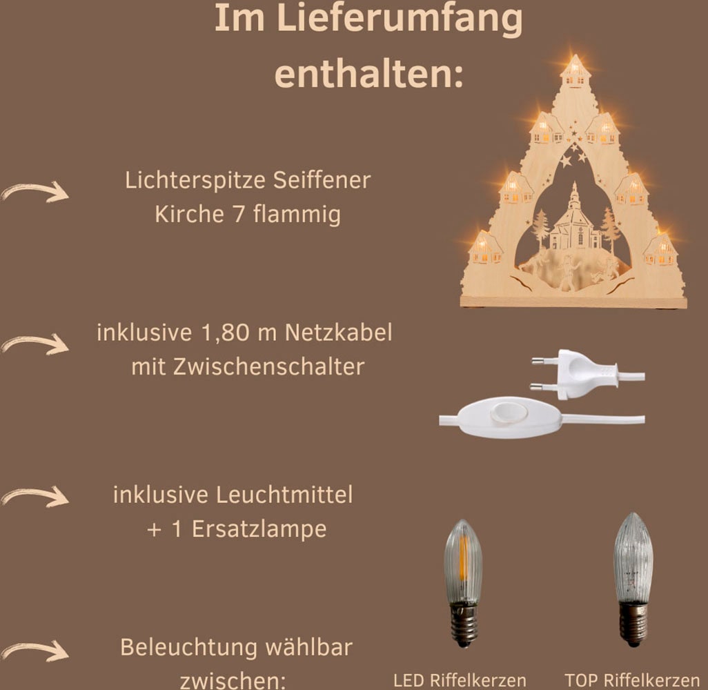Weigla Schwibbogen »Seiffener Kirche, Lichterspitze aus Holz, NATUR, Made in Germany«, Erzgebirge garantiert, Weihnachtsdeko Innen, Weihnachtsbeleuchtung