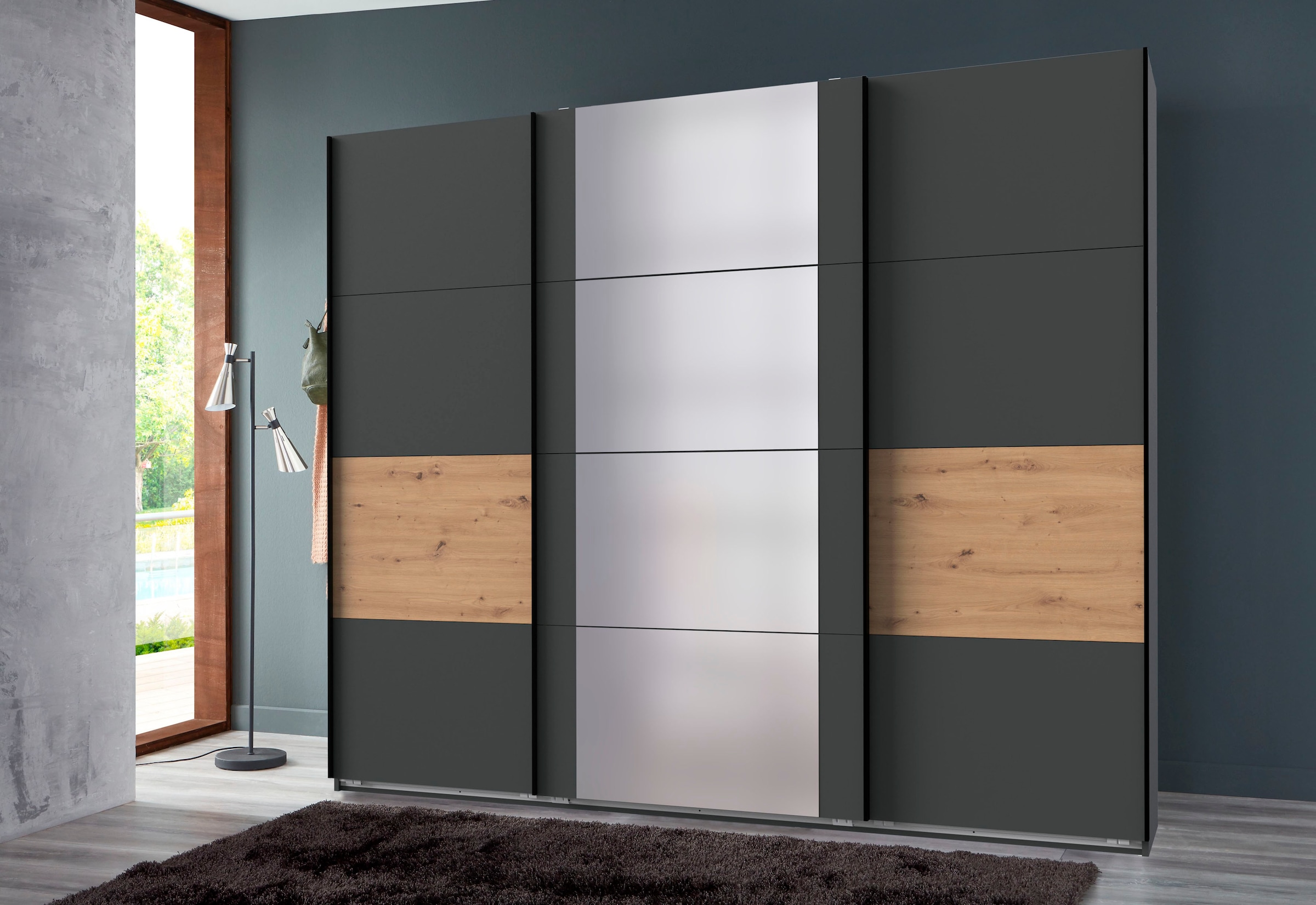 Wimex Schwebetürenschrank »Barmbek Schlafzimmerschrank BESTSELLER Garderobenschrank«, Kleiderschrank mit 2 Stoffboxen und 2 zusätzlichen Böden, Spiegeltür