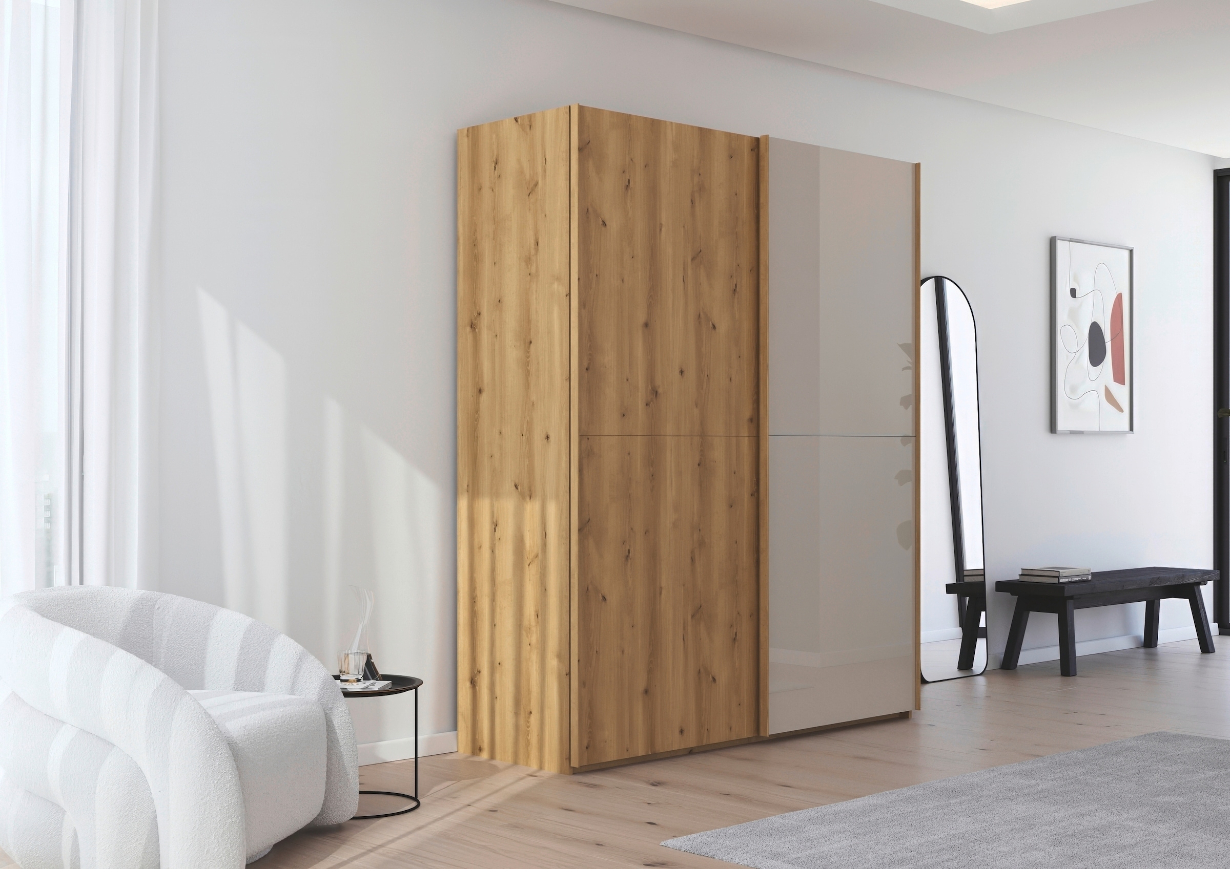 rauch Schwebetürenschrank »Kleiderschrank Schrank Garderobe Schlafzimmerschrank SCALE-WOOD« edle geteilte Front in massiver Asteiche mit Glastüren MADE IN GERMANY