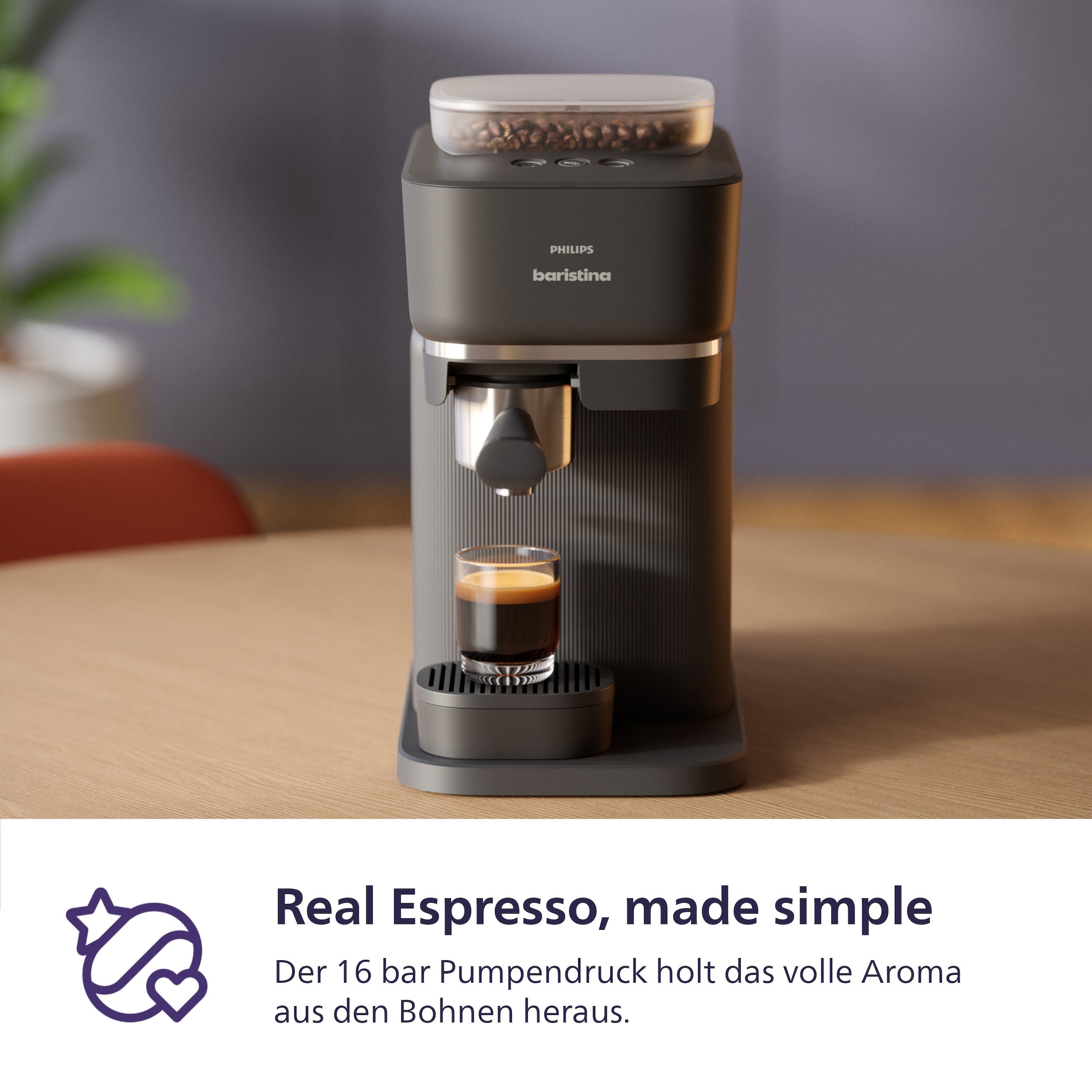 PHILIPS baristina Espressomaschine »BAR308/60 mit Mahlwerk für ganze Bohnen, Milchaufschäumer inkl.« 16 bar Pumpendruck, Schwarzgrau