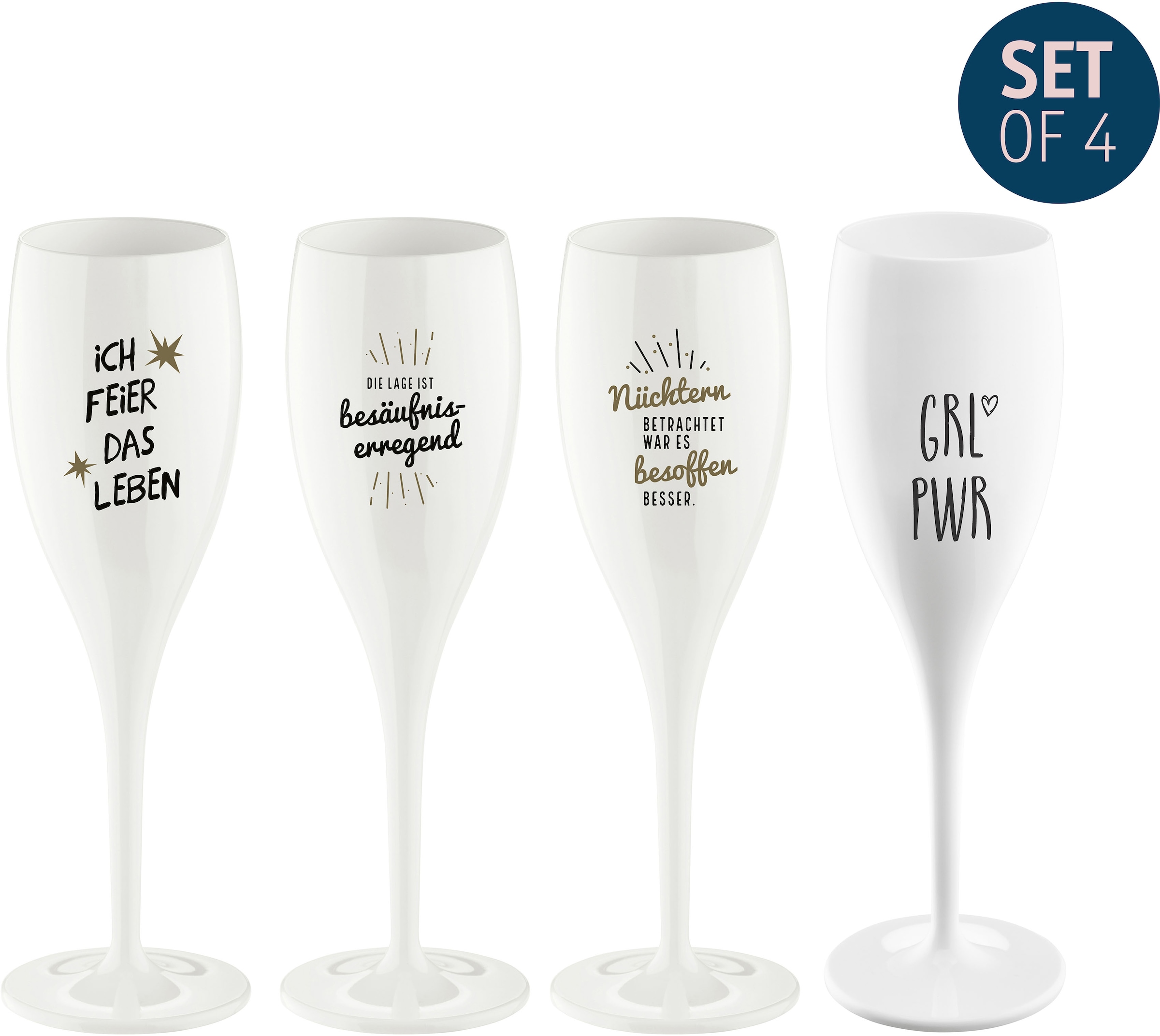 KOZIOL Sektglas »CHEERS No. 1 PARTY«, (Set, 4 tlg.), recycelbar,CO2 neutrale Produktion, 100 ml, 4-teilig, Made in Germany